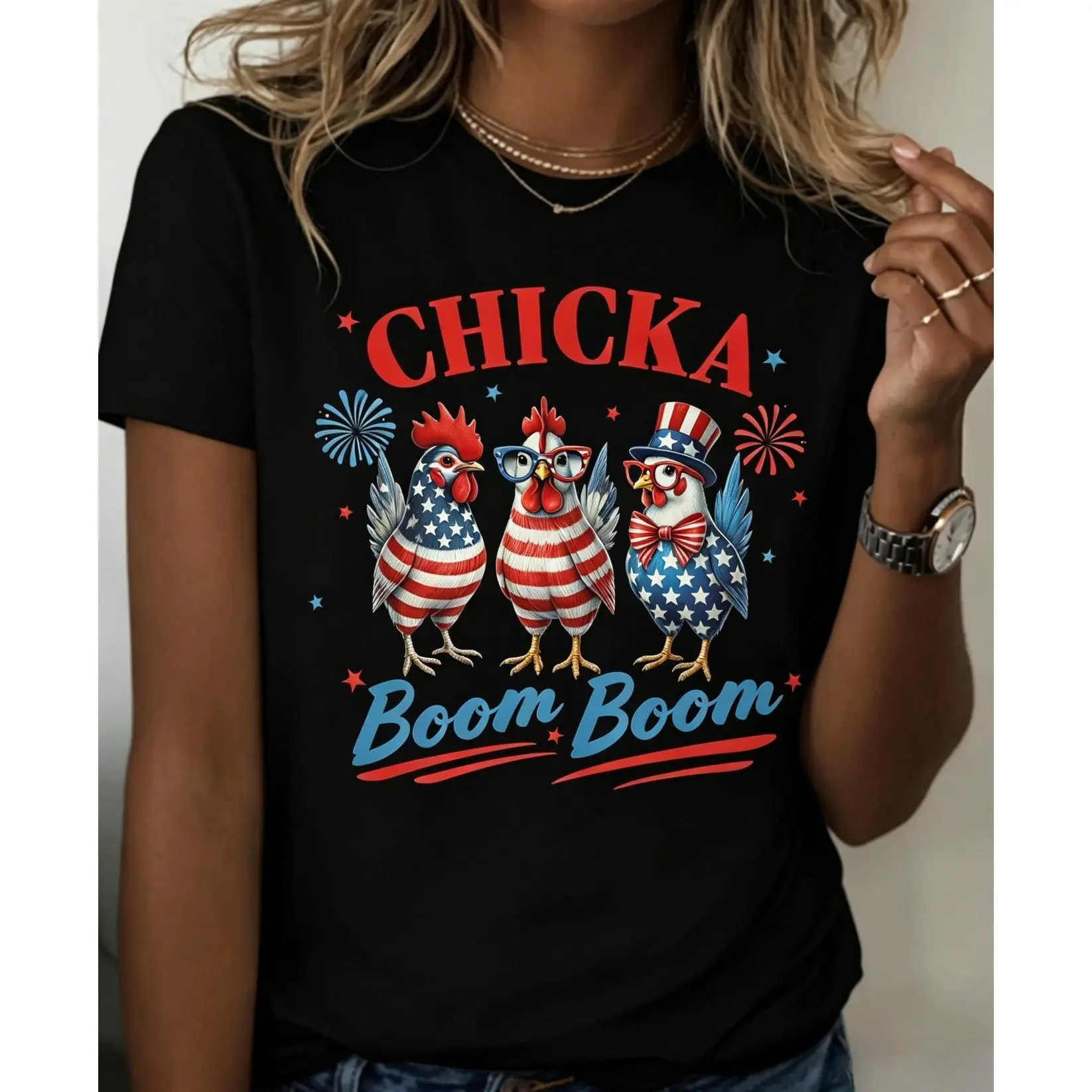 Women's Patriotic CHICKA BOOM Graphic T-Shirt - Soft Stretch Short-Sleeve Crew Neck Top with Cartoon Chicken, Firework Design, Oversized Fit, Ideal for 4th of July, Summer; Outfits Pairing with Denim, Skirts, Twist Styles