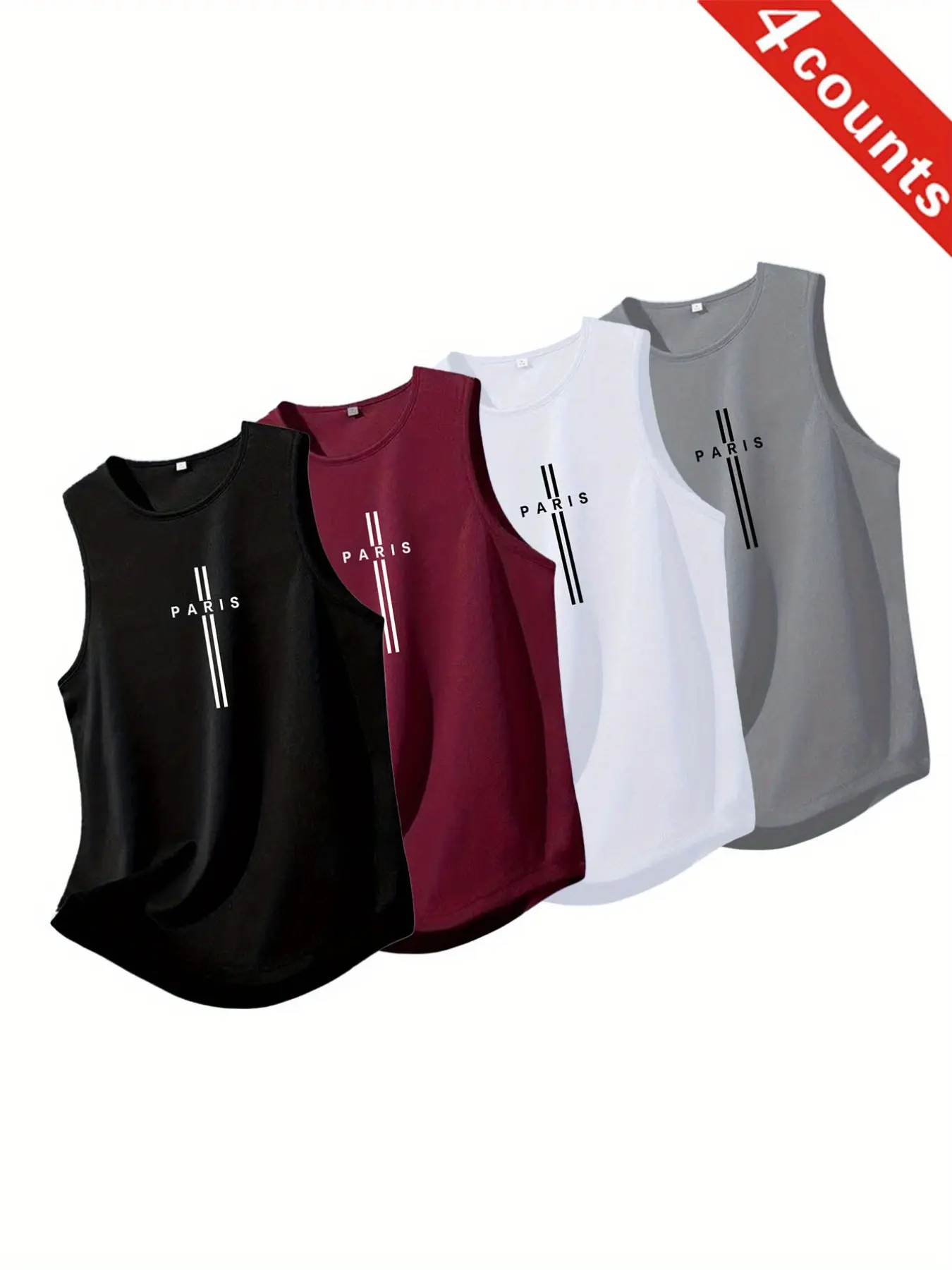 4-Pack Quick-Dry Sleeveless Tops, Sleeveless Sporty Design, Paris Letter Print, Comfortable Skin-Friendly, Ideal for Gym, Running, Home, Outdoor, Casual Summer Wear
