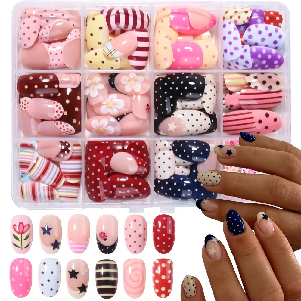 288pcs Dot Star Ladybug Press-On Nails, Medium Size, Oval Shape, Plain Surface, Acrylic Material, Perfect for Daily Use & Parties