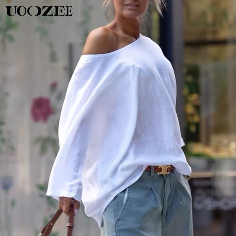 UOOZEE Women's Summer Cotton Blouses - Off Shoulder Long Sleeve Tops in Solid Color for Casual Wear High-Quality Material Multiple Color Options T-shirts