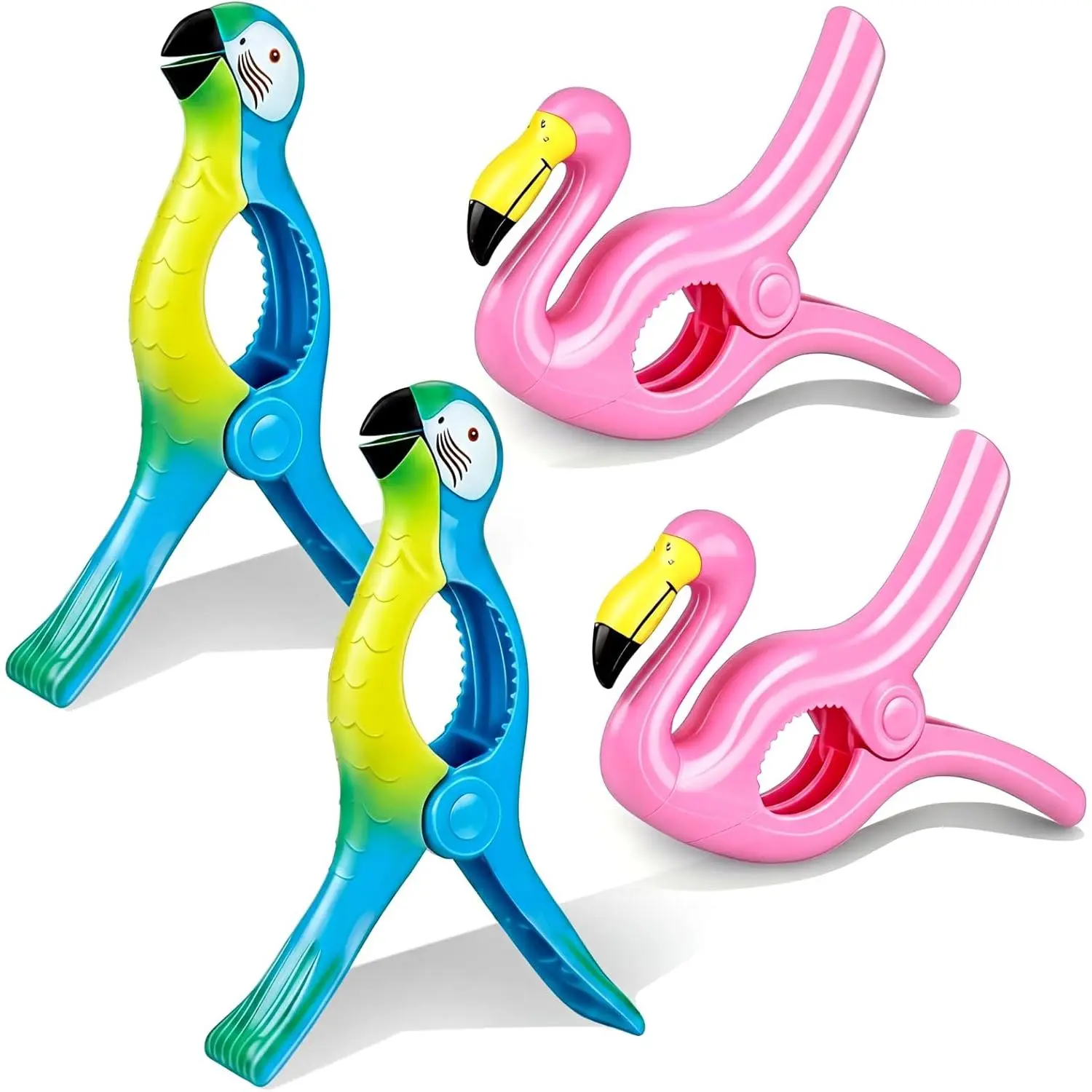 4 Pcs Beach Towel Clip Jumbo Size Windproof Towel Clips for Beach Chairs Cruise Patio Pool or Daily Secure Hold Clothes Pins(Parrot, Flamingo,Blue, Pink)