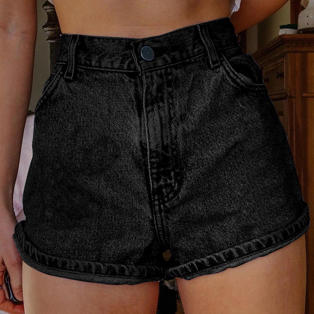 New2025 Artistic Retro Women's Denim Shorts with Multiple Pockets, Printed Design, Jean Blue, Fitted Style, Summer Casual & Versatile Womenswear