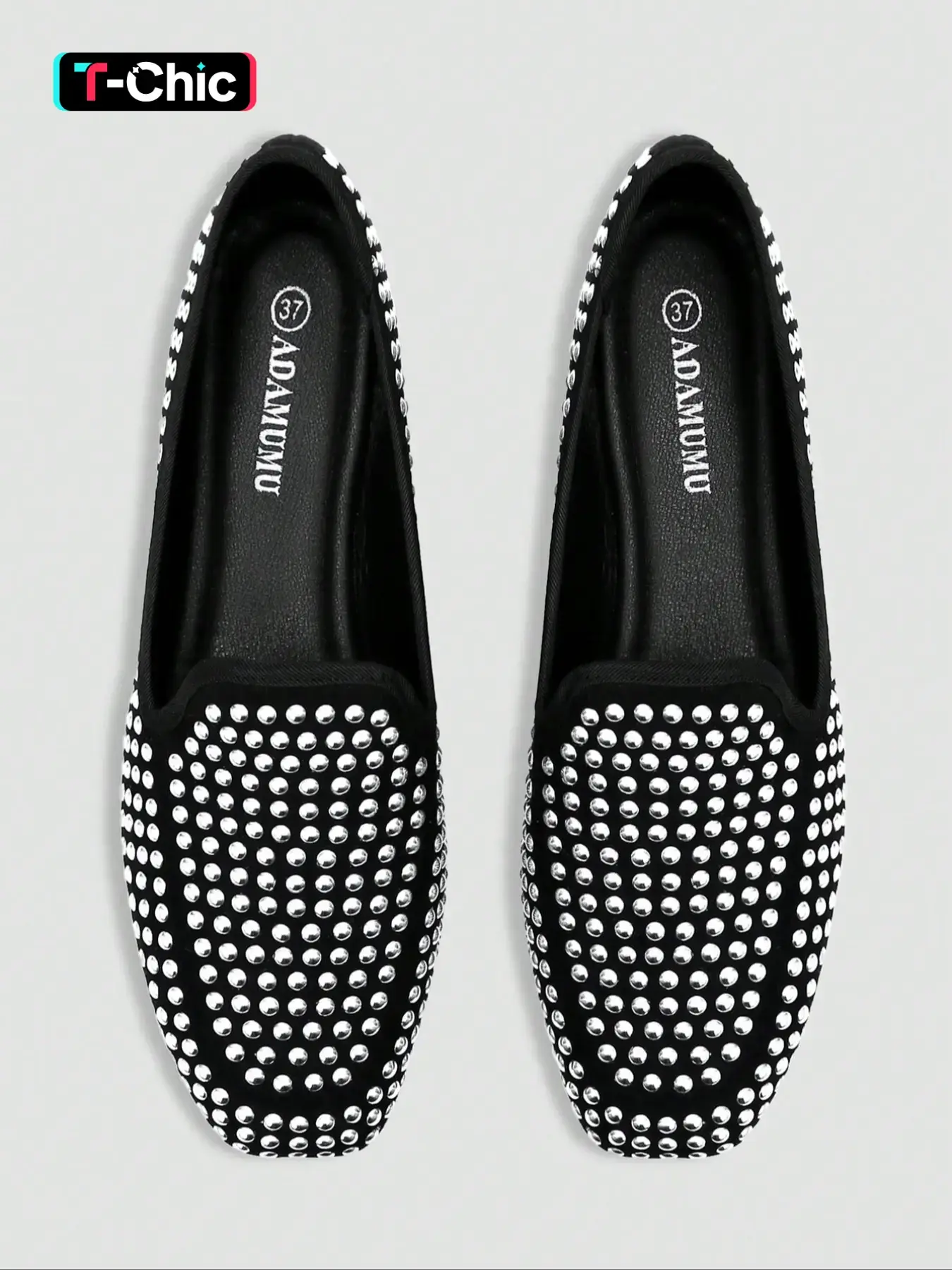 Women's Silver Color Rivet Loafers, Comfortable Flat Shoes, Casual Flats, Party Style Slip-On Design, Rubber, Daily Commute & Casual Wear