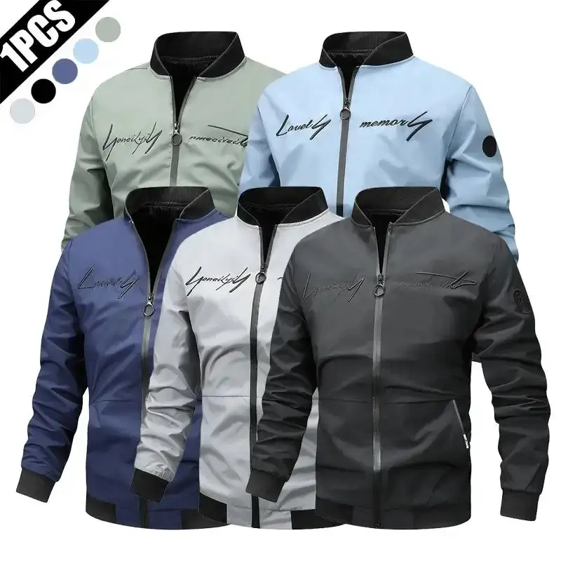 Men's Outdoor Sport Casual Aviator Jacket - Lightweight Regular Fit, Embroidered Lettering, Zip Closure Stand Collar - Menswear Tops Coats for Hiking, Commuting
