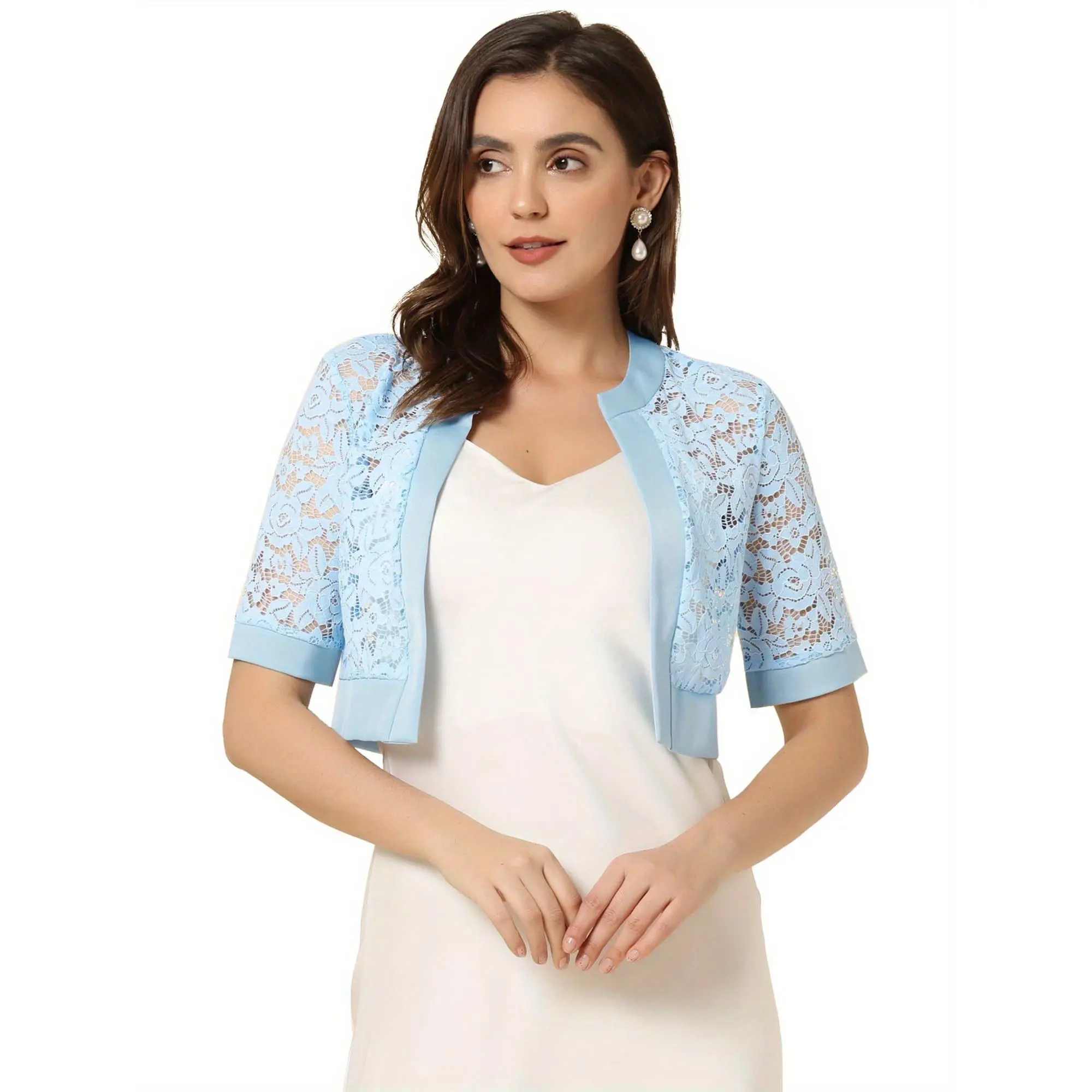 Allegra K Bolero Shrug for Women's Satin Panel Short Sleeve Lace Cardigan