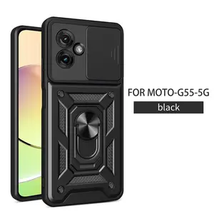 Case for Motorala Moto G55 5g with Sliding Anti-Fingerprint Lens Cover, Durable Shockproof Non-Slip Protective Shell, 360° Rotatable Metal Ring Stand for Moto G55 5G Case