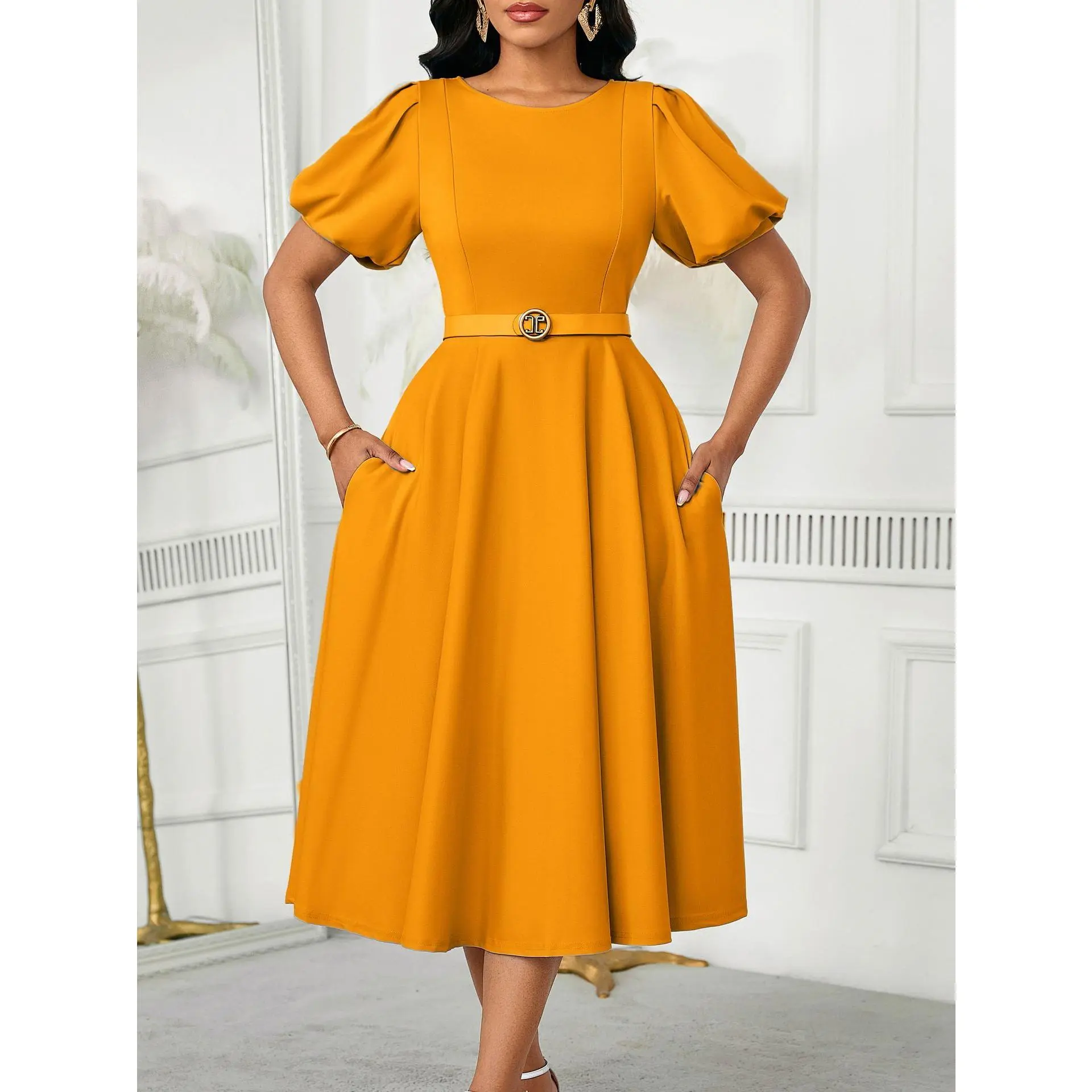 Summer Camel Bubble Sleeve Midi Dress, Slim-Fitting A-Line with Waist Belt, Elegant Chic Everyday Office Wear, Perfect for Church Weddings
