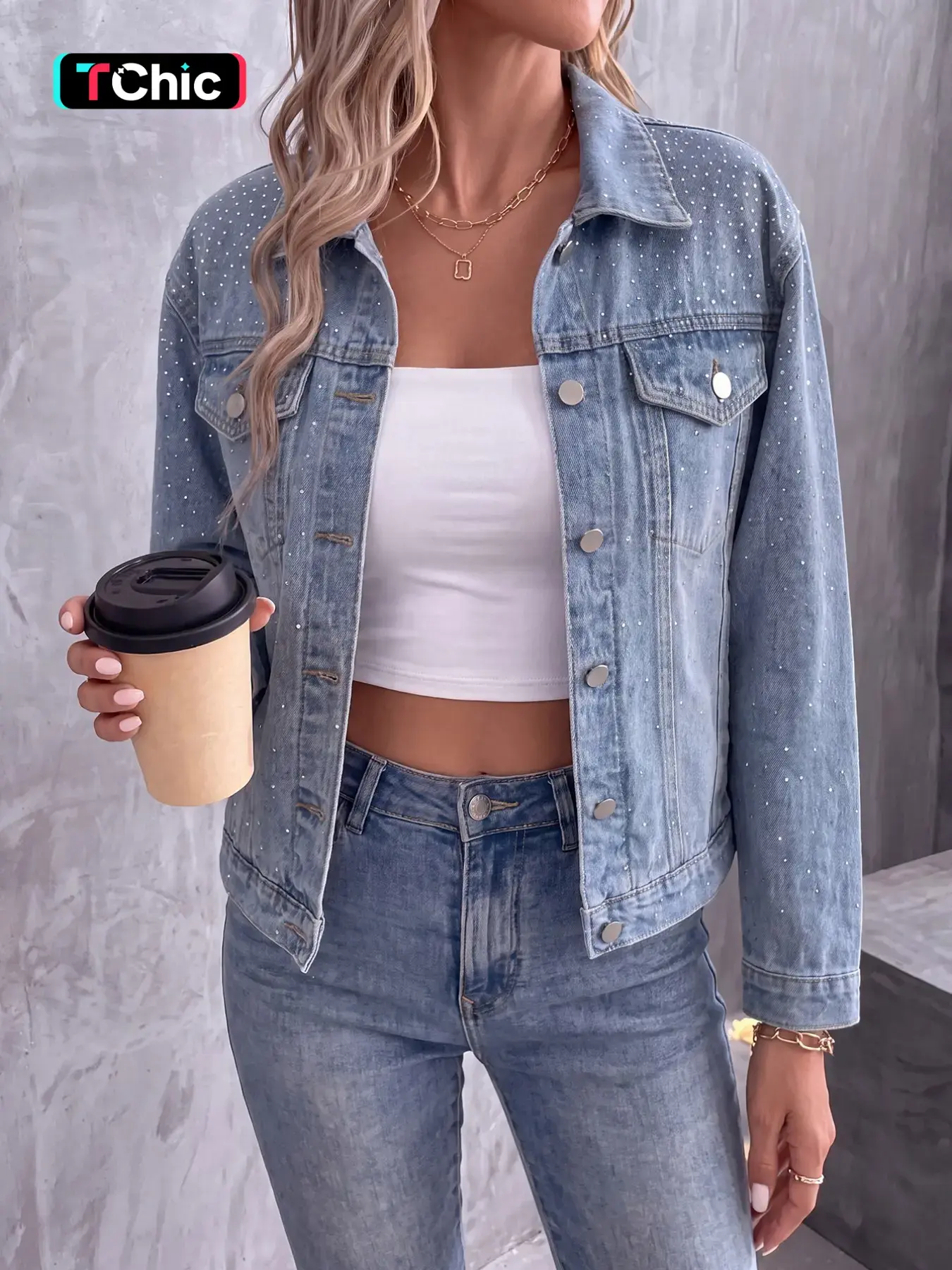 Women's Fashion Denim Jacket, Trendy Rhinestone Design, Elegant Outerwear, Fitted Style, Solid Color, Plain Surface, Unlined, Coats