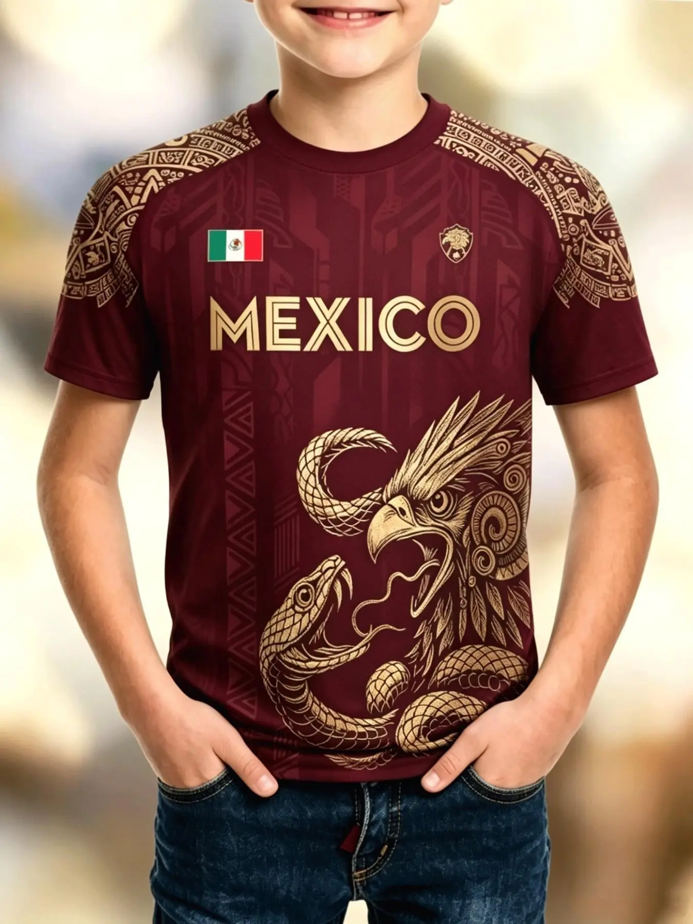 Boys' Base Gold Eagle Snake Pattern Retro T-Shirt, Casual Loose-Fit Football Top, All-Season Sports Wear, Perfect Gift for Fans
