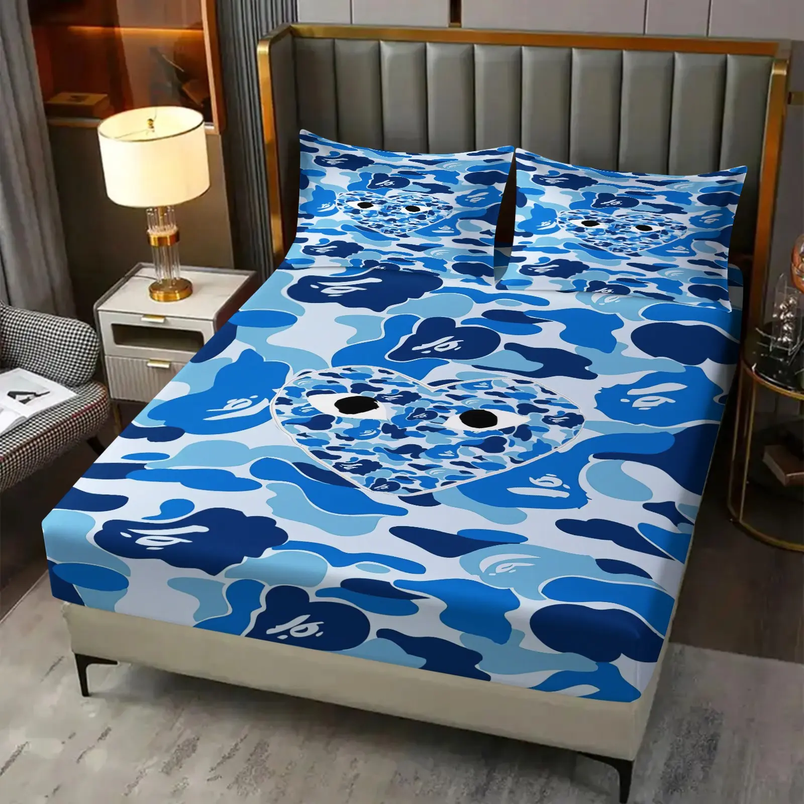 Blue Camo Heart Eyes Pattern Fitted Sheet Set, 3Pcs Digital Print Bedding Set, All-Round Deep Pocket Fitted Sheet, Machine Washable, Trendy Camo Aesthetic Bed Linens for Teen Bedroom Decor. 2 Pillowcase, No Filling