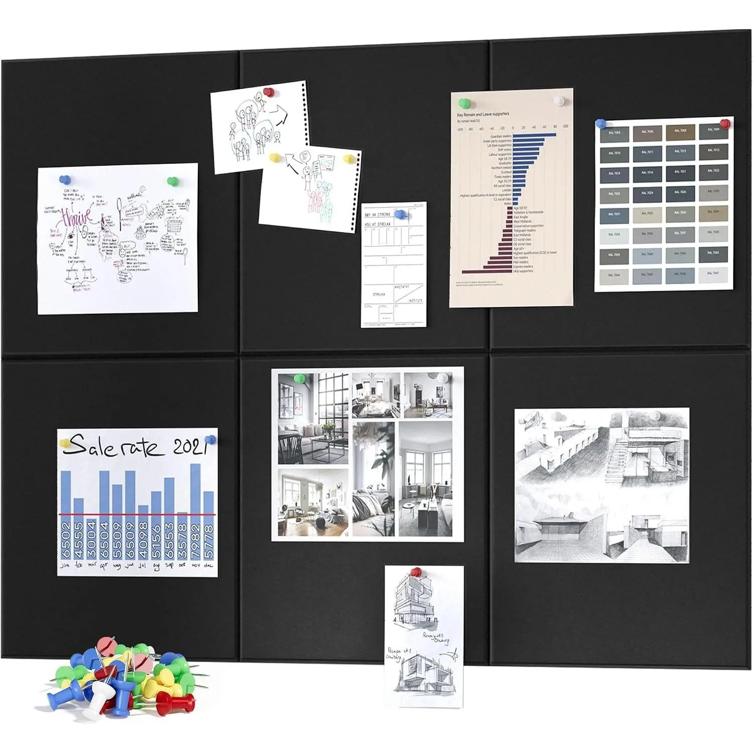 Large Black Felt Cork Bulletin Board for Wall with Pushpins, 36" x 24" 6 Panel Wall Tiles, Tack Pin Board for Office Home SchoolGift