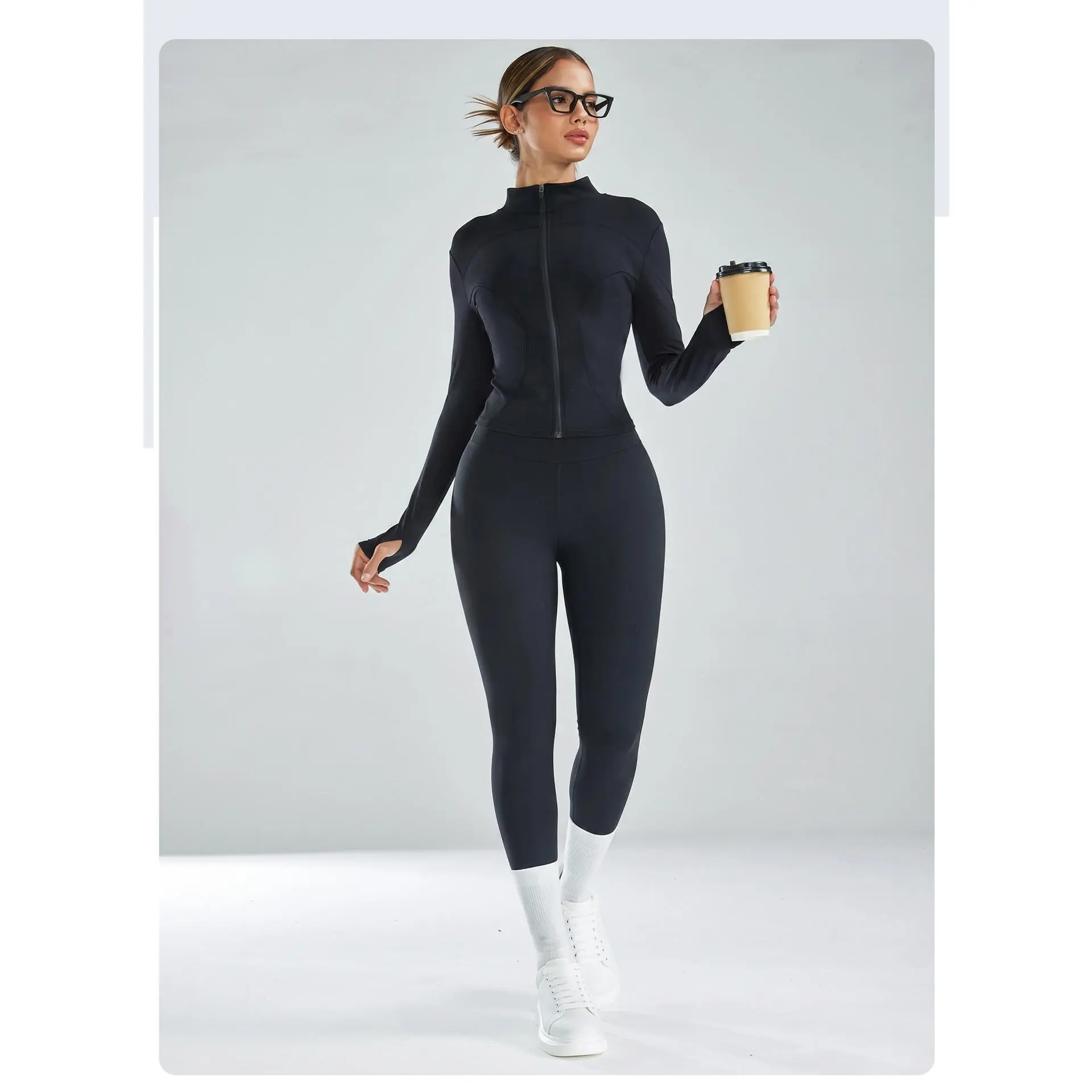 Women’s 2 Piece Fall Winter Athleisure Set, Full Zip Thumb Hole Long Sleeve Jacket & High Rise Stretch Yoga Leggings for Pilates Gym Daily Casual Outfit