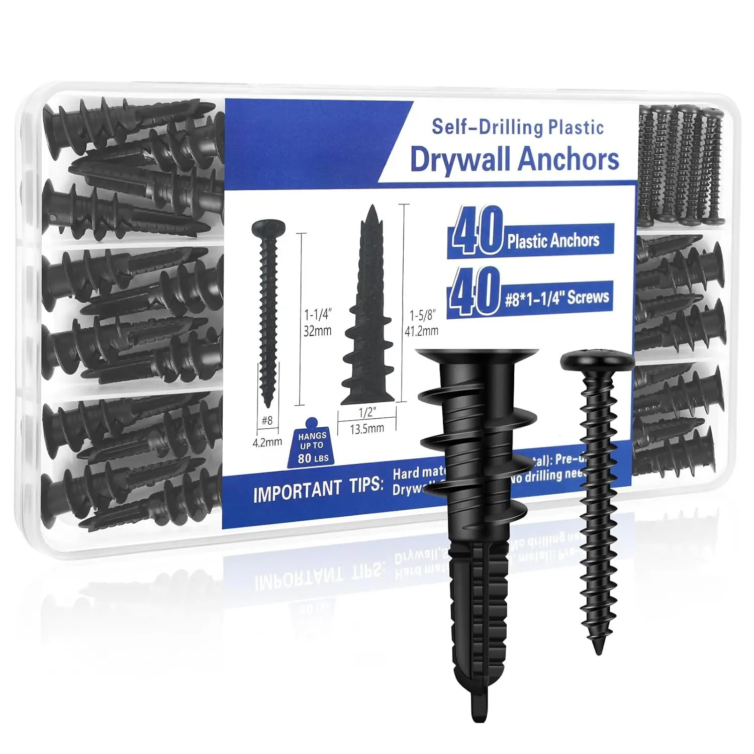 80 count Self-Drilling #8 Drywall Anchors & Screws Set - Heavy-Duty Nylon+Glass Fiber, 80 LBS Load Capacity, Pre-Drill-Free, for  Shelves/TV/Pictures - 40 Anchors + 40 Screws with Storage Case