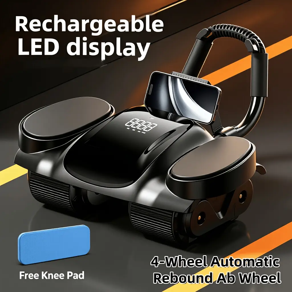 Heavy-Duty 4-Wheel Auto-Retracting Ab Roller with LCD Display, Count And Timer Function, Extended Wheelbase And Thick High-Resilience Elbow Support Cushions, Ideal for Home Fitness in Waist, Abdomen, Legs And Arms, Gym Additions