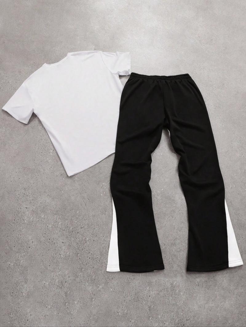 Two-piece Set Men's Figure Graphic Tee & Colorblock Drawstring Waist Flare Leg Sweatpants, Regular Fit Round Neck Short Sleeve T-shirt & Bell Bottom Trousers, Sets for Men Clothing, Summer Outfits, Casual Outfit Set, Shortsleeve Menswear