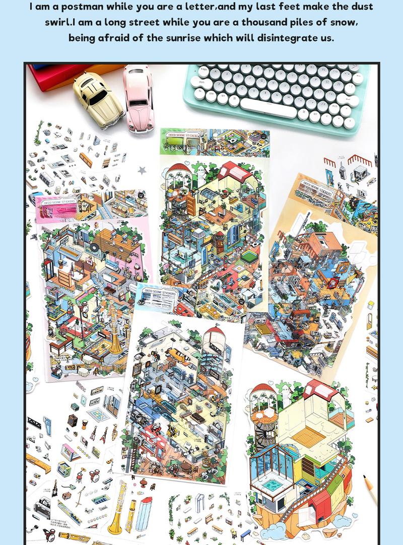 12 oversized scene stickers, fun scene themes, vintage style, PET white card dual materials, self adhesive, DIY journal decoration scrapbook notebook material sticker pack