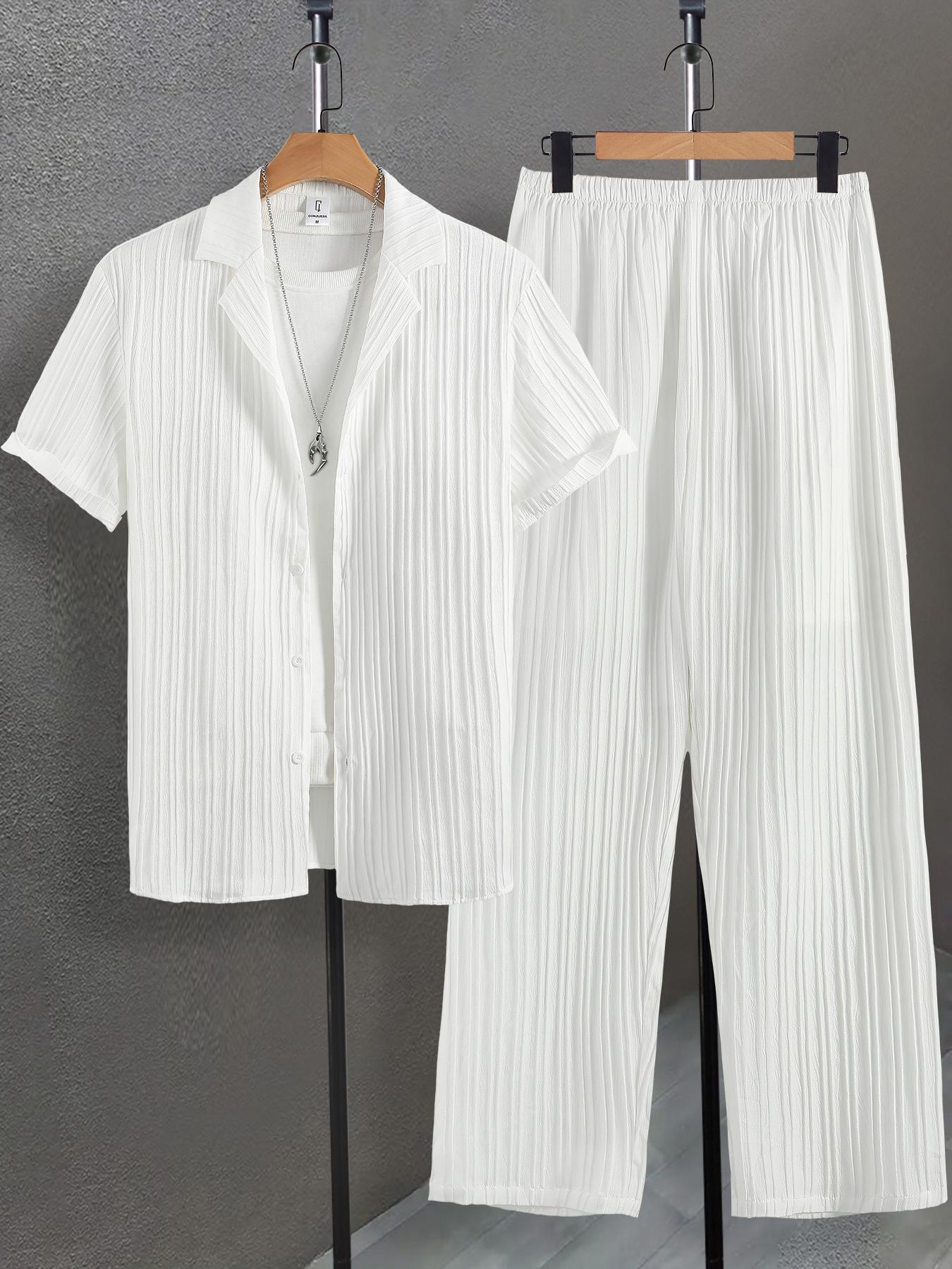 Men's Plain Textured Loungewear Set, National Day Offers, Casual Button Front Shirt & Elastic Waist Pants without Tee & Necklace, Men's Sleepwear for All Seasons