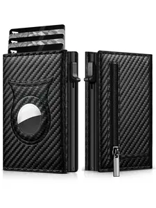 Men's Carbon Fiber Magnetic Card Holder with PU Leather, Rfid Protected Wallet with Zipper Coin Purse, Airtag Pocket Wallet for All Seasons