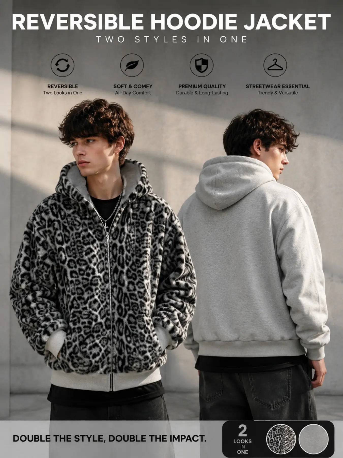2 In 1 Double Sided Hooded Jacket Leopard Print Fleece Coat Vintage Y2K Baggy Zip Sweatshirt Fall Winter Outfit