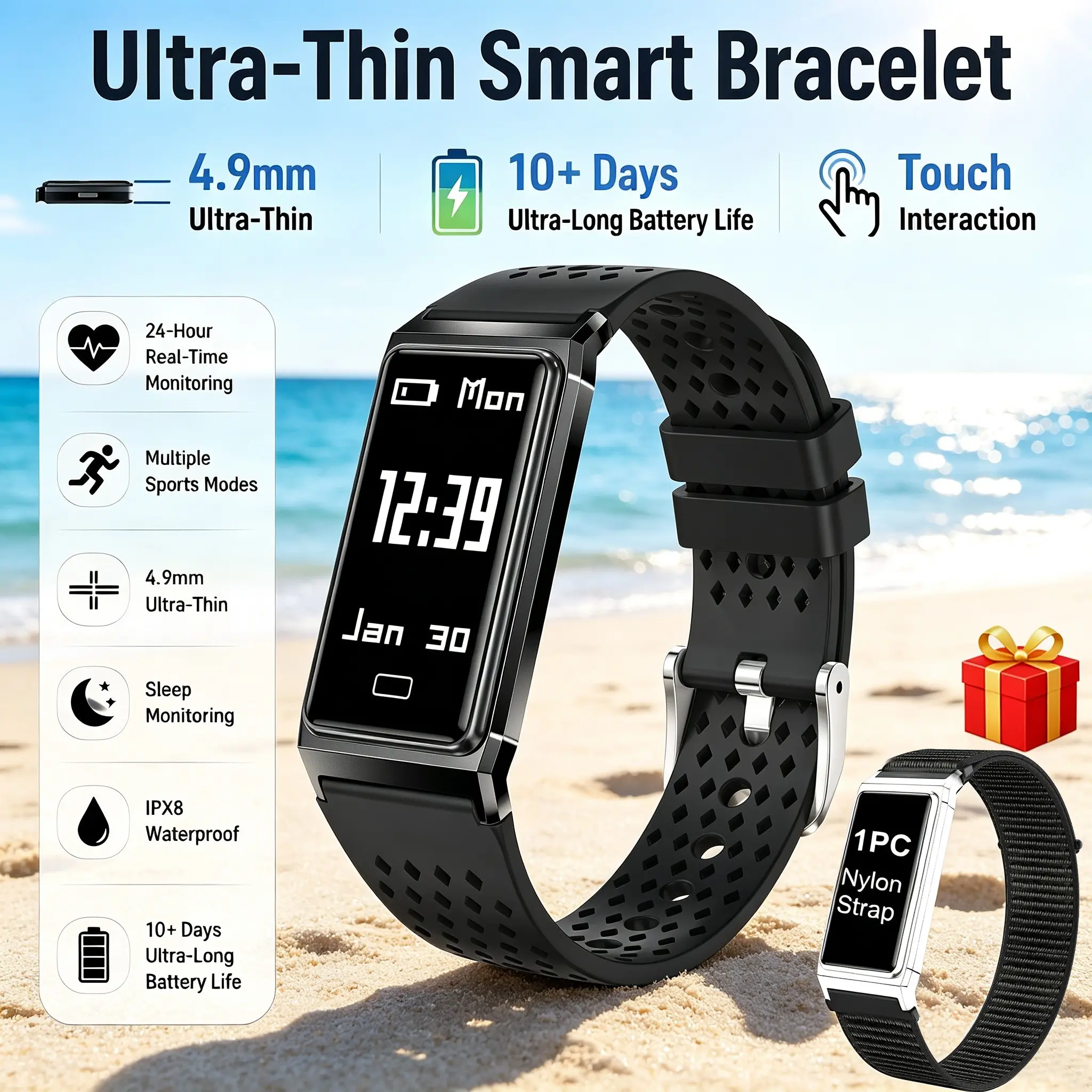 Fashion Thin 4.9mm Fitness Band, 10+ Days Battery Life, Real-Time Health Sleep Monitoring, Ipx8 Waterproof, Multiple Sports Modes, iOS Android Compatible