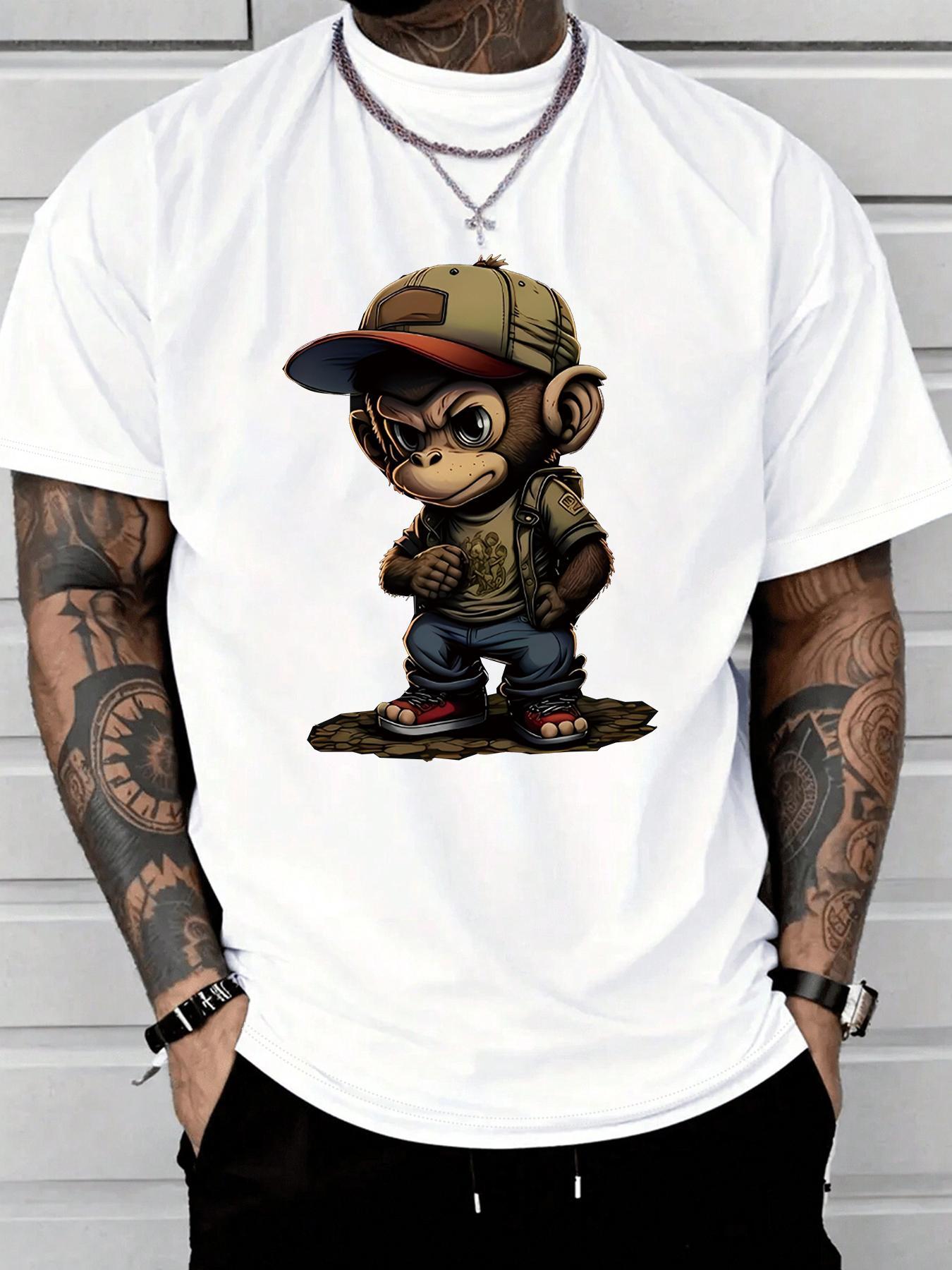Men's Cartoon Monkey Print Round Neck Tee, Regular Fit Casual Comfy Streetwear Short Sleeve Crew Neck T-shirt for Summer, Fashion Men's Top for Daily Wear