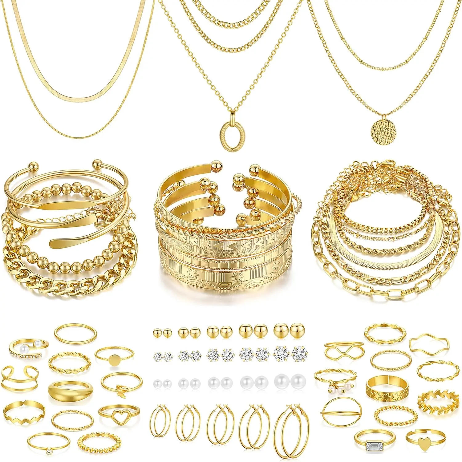 Pcs Gold Jewelry Set for Women with  Necklace,  Bracelet,  Hoop Earrings,  Stud Earrings,  Knuckle Rings for Women Jewelry Set for Women Gift