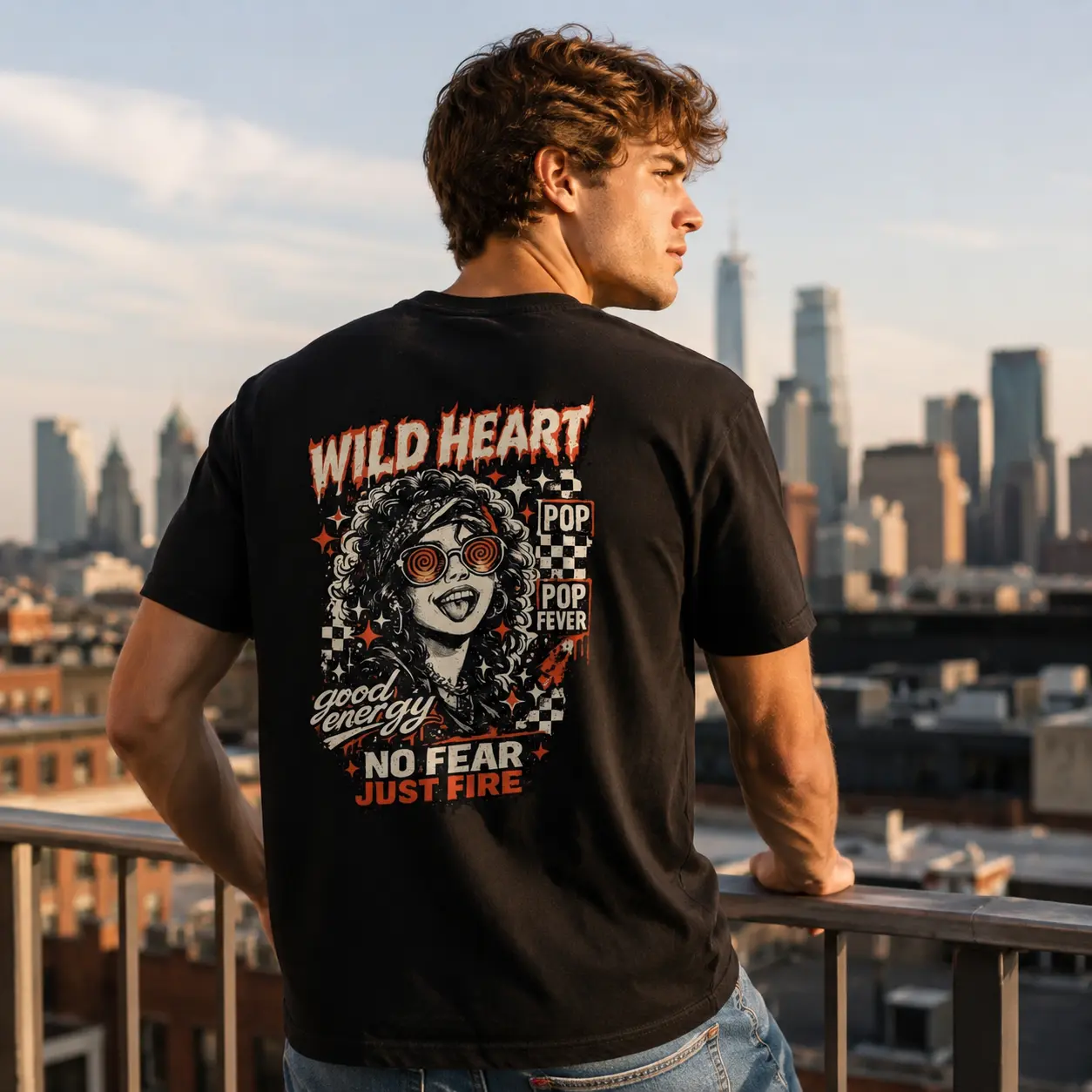 Men’s Classic Smooth Cotton Graphic T-Shirt - Wild Heart Print, No Fear Just Fire Back Design, Retro Streetwear Casual Top for Personalized Outfits & Everyday Wear