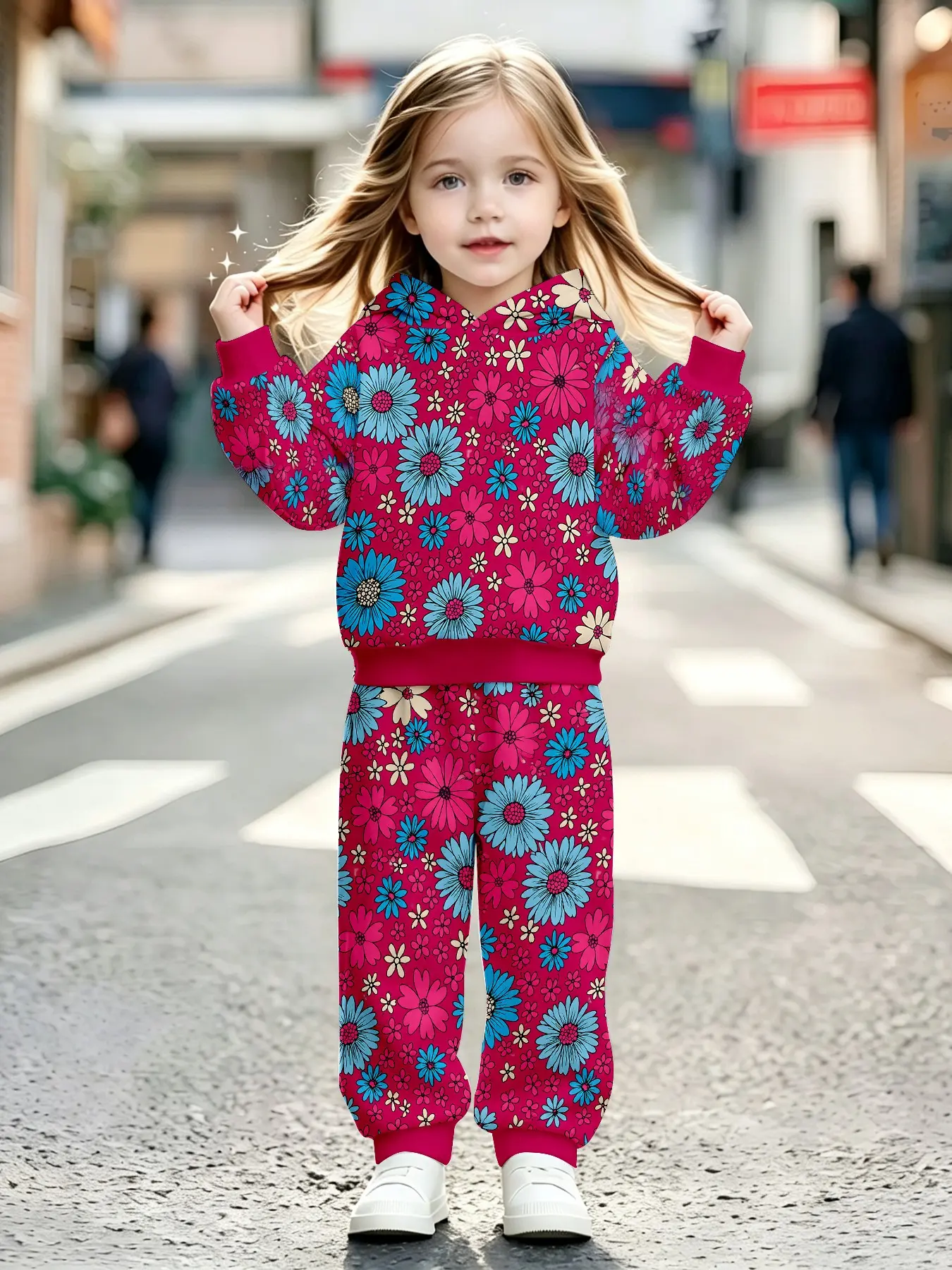 Girls' 3D Floral Hooded Sweatshirt and Pants Set, Casual Fall Winter, Perfect for Parties and Gifts, Ages 1-14