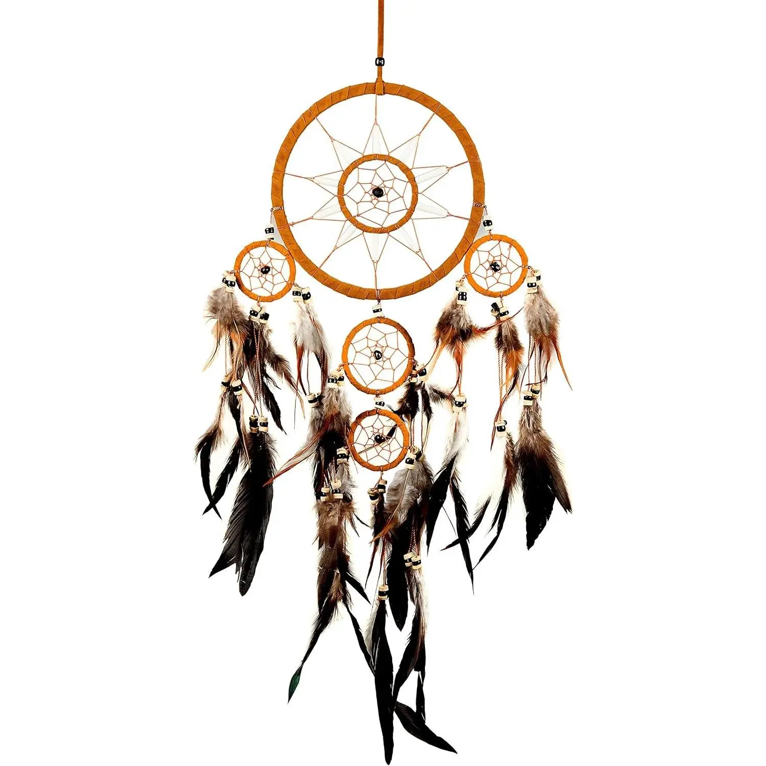 Dream Catcher – Brown Suede with Feathers & Beads | Handcrafted Traditional Style | 28" Long x 8" Diameter | Bedroom Decor and Gift
