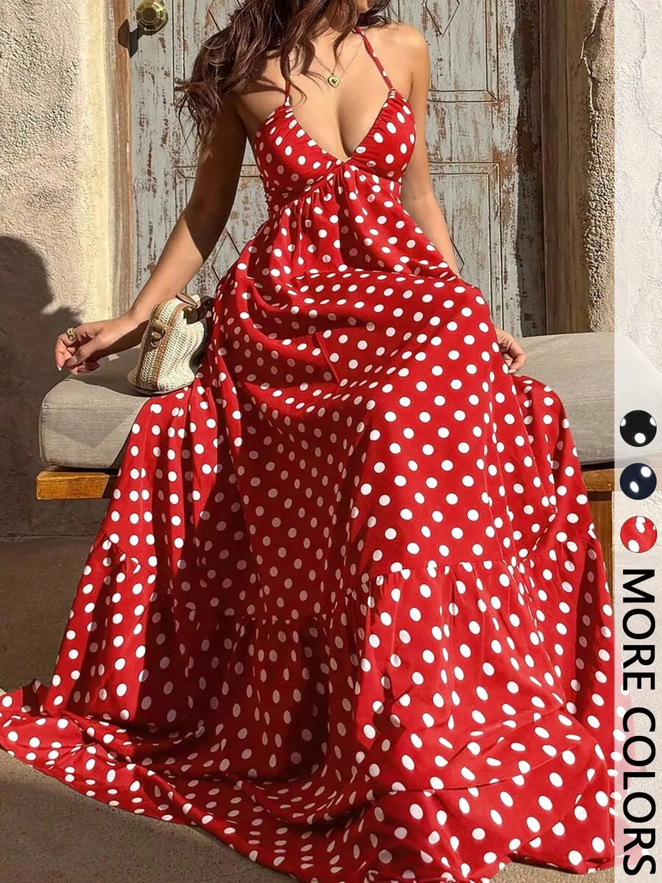 Polka Dot Halter Maxi Dress with Deep V-Neck, Open Back Tie Closure and Tiered Hem, Empire Waist Flowy Elegant Classy Flattering Long Dress for Summer, Vacation and Evening Wear