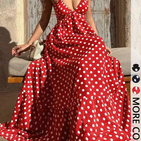 Polka Dot Halter Maxi Dress with Deep V-Neck, Open Back Tie Closure and Tiered Hem, Empire Waist Flowy Long Dress for Summer, Vacation and Evening Wear, Elegant Fashion Dress