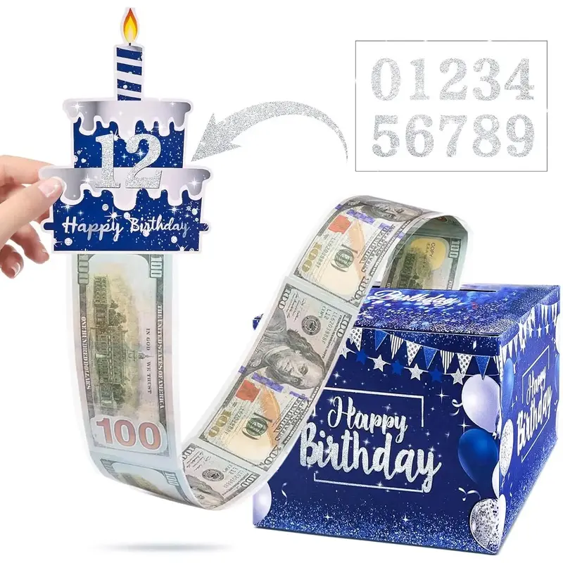 [New Deal] 100Pcs Blue Birthday Cash Gift Boxes, with DIY Self-Adhesive Stickers, Surprise Gifts for All Ages