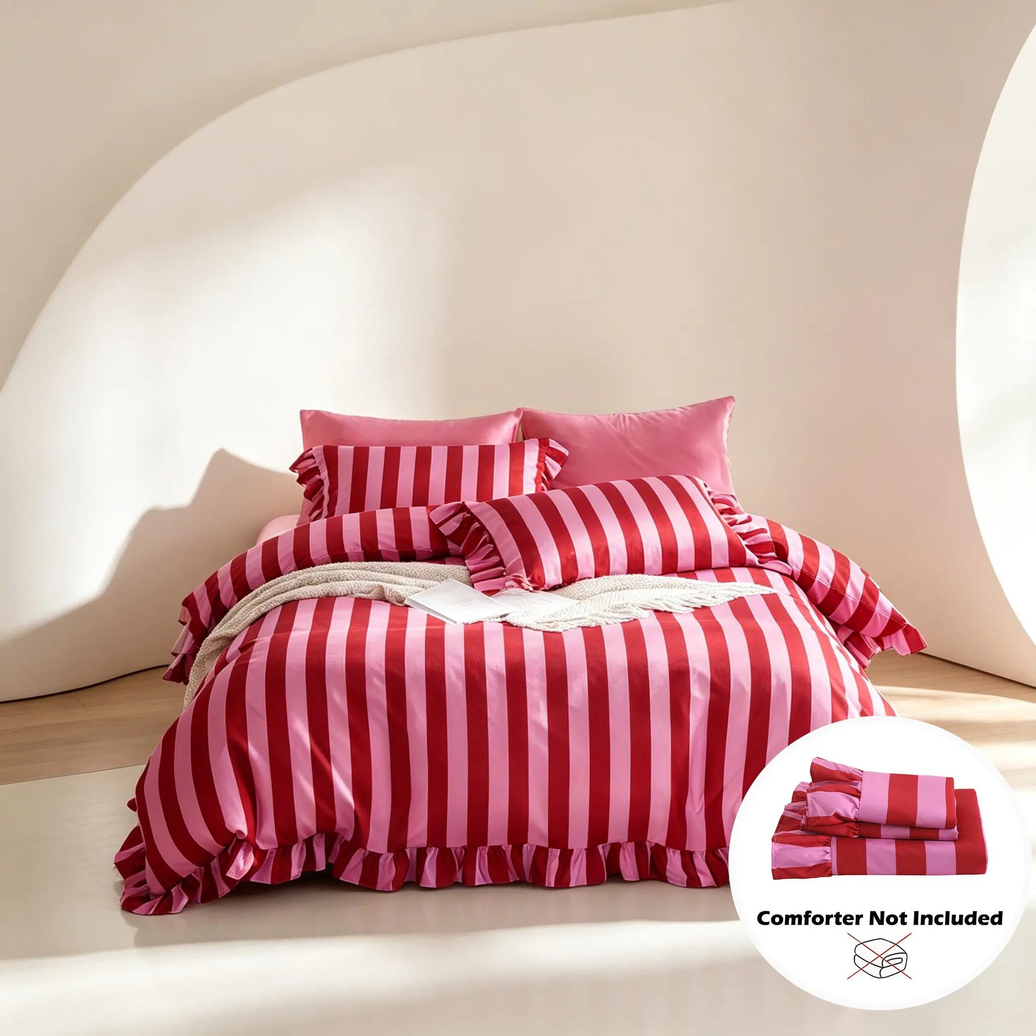 3-Piece Striped Ruffle Print Bedding Set, Soft Comfortable, Includes 1 Duvet Cover and 2 Pillowcases, Ideal for Bedroom and Guest Room