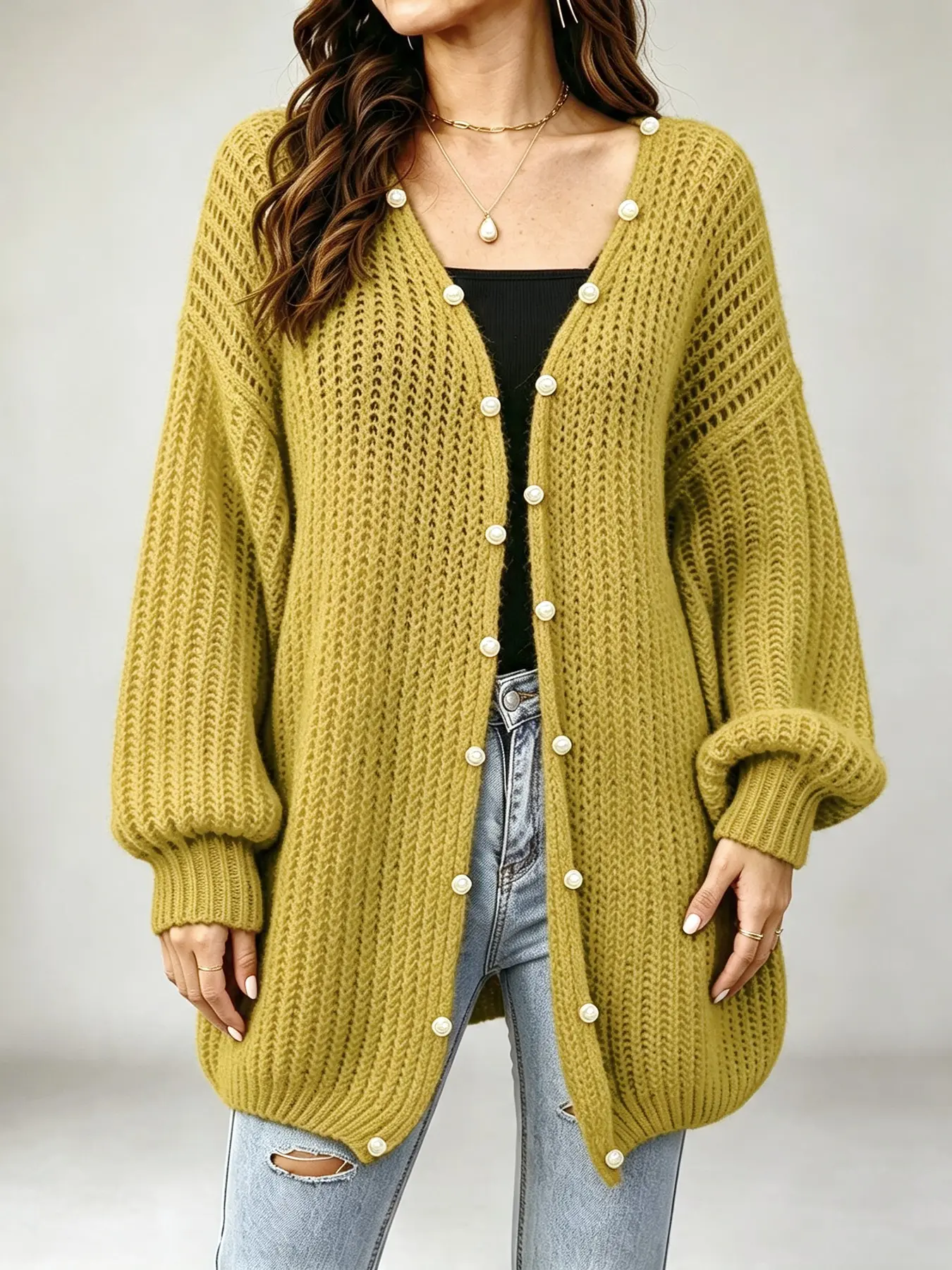 Soft Lazy Streetwear | Open Front Balloon Sleeve Mid Length Knit Cardigan | Hollow Chunky Knit With Pearl Button Decor Solid Color Fabric | Fall Daily Shopping Street Casual Outfit