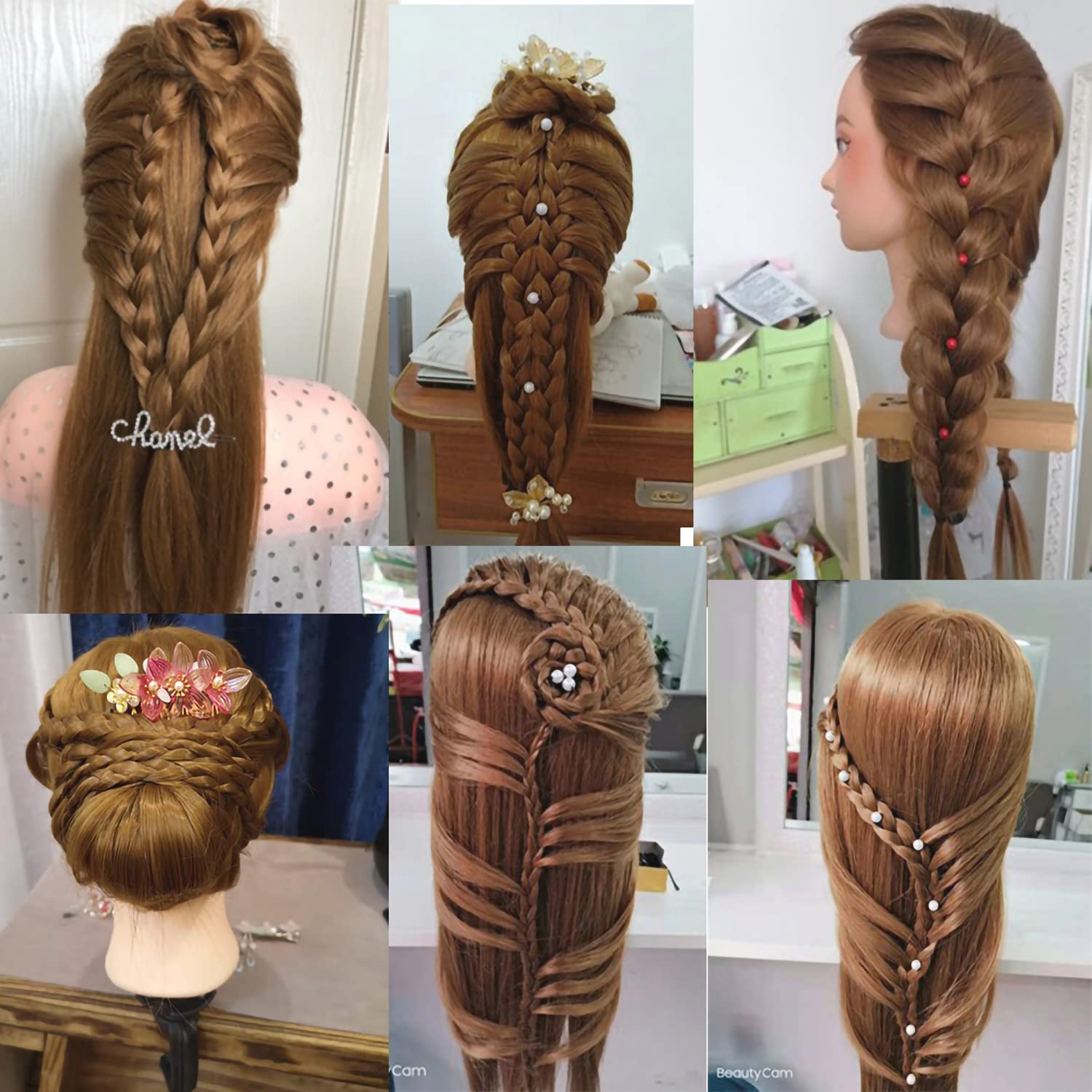 Mannequin Head with 60% Real Hair, Hairdresser Practice Training Head Cosmetology Manikin Doll Head with 9 Tools and Desktop Stand, Air Cushion Comb,Makeup On (Brown)