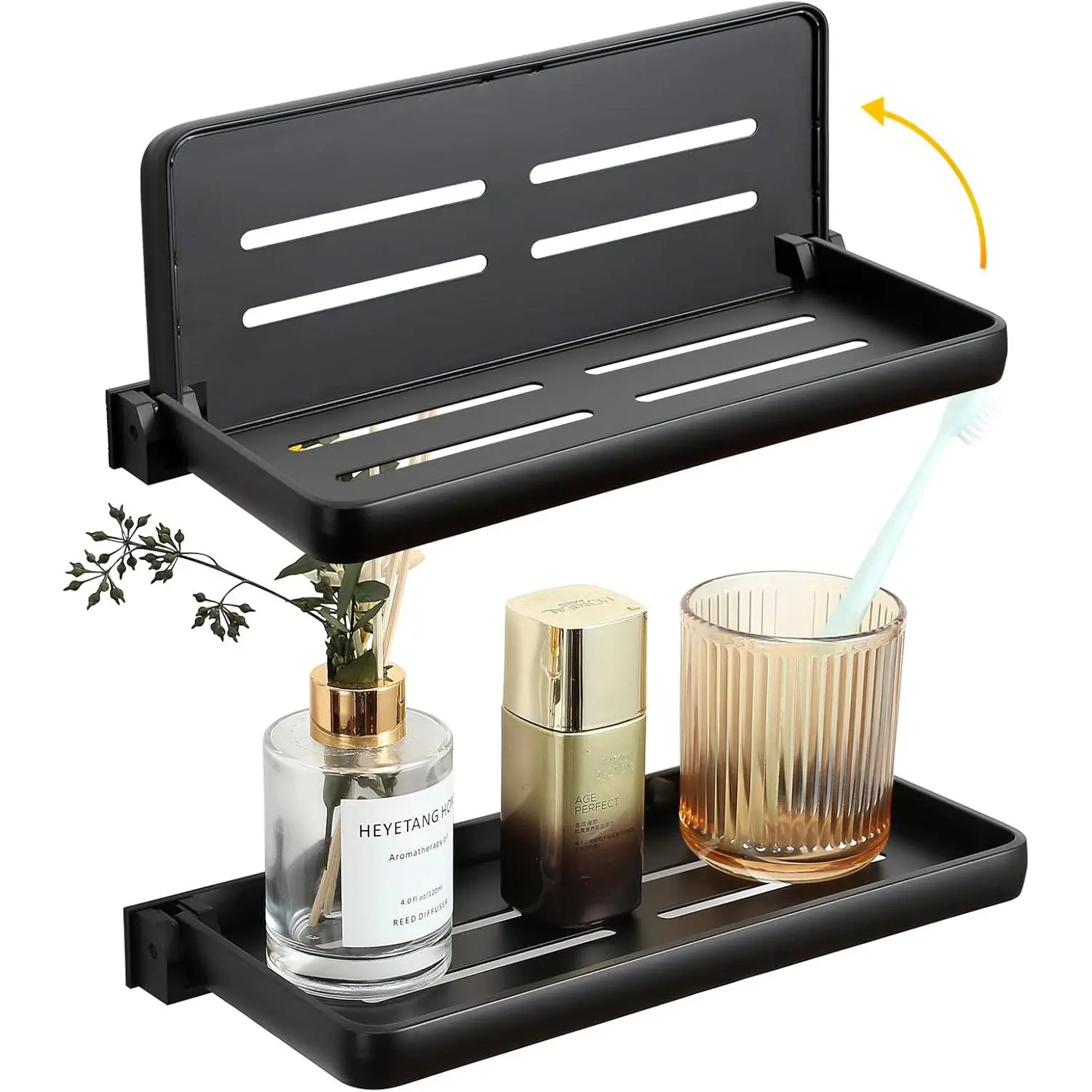 Black Aluminum Alloy Small Folding Wall Shelf (2-Pack, 11.8) - 90° Fold Up, Waterproof, Floating Metal Shelf with Glue & Drilling Installation for Bathroom, RV, Space-Saving Home Supply, Laundry Room