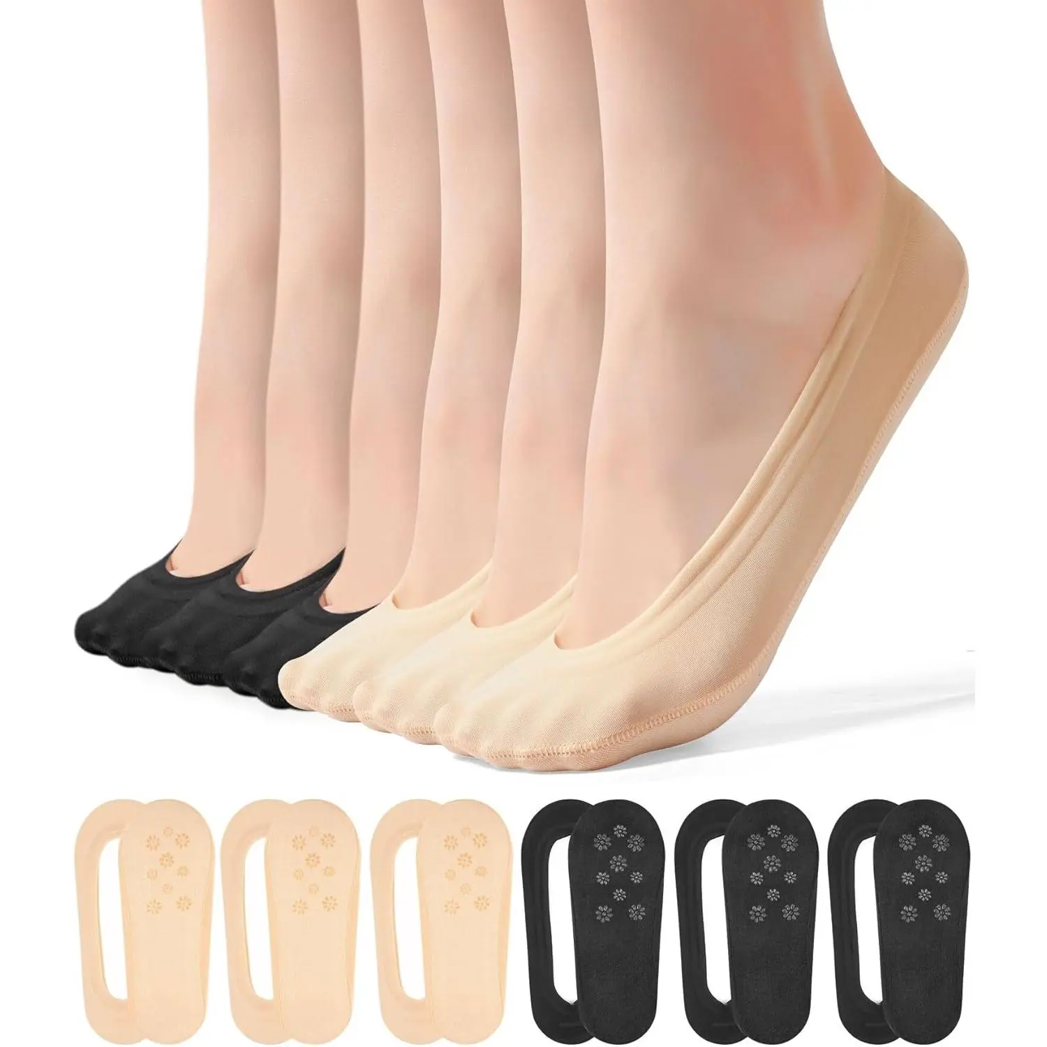 6 Pairs No Show Socks Womens Ultra Low Cut Nylon Thin Socks for Flat Invisible Non Slip Liner Footies