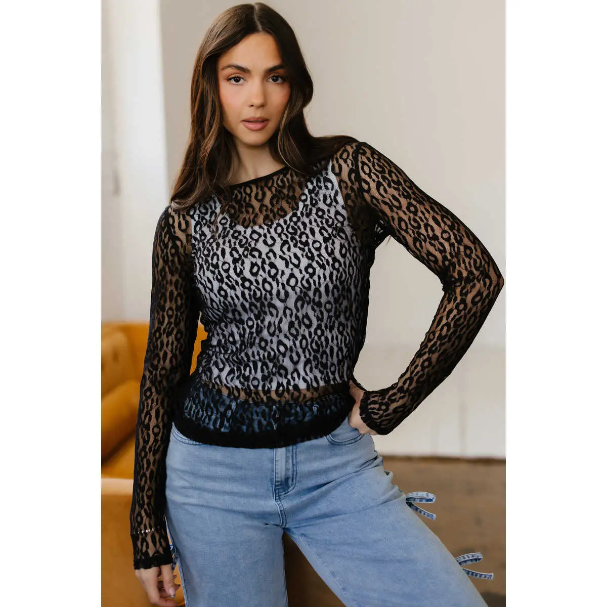 Black Leopard Pattern Sheer Mesh Long Sleeve Top