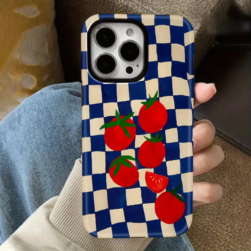 Grid Tomato Art Dual Layer Protective Case for iPhone 11 12 13 14 15 16 Pro Max Plus Shockproof Scratchproof Shatterproof with Comfort Grip Perfect Gift for Christmas Birthday Valentine's Day Men Women Family,Vintage,S,high-definition,transparent,material