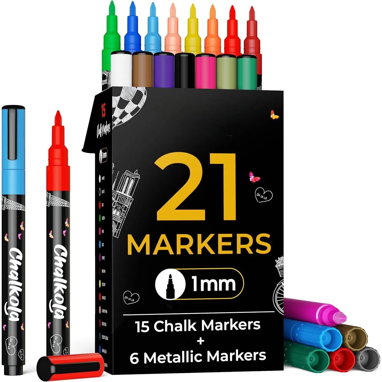 21 Extra Fine Tip Liquid Chalk Markers for Blackboard & Glass Pens | (Pack of 21, 1mm Tip) - Washable Liquid Chalk Pens for Dry Erase Board,  Windows - Thin Chalkboard Markers Erasable