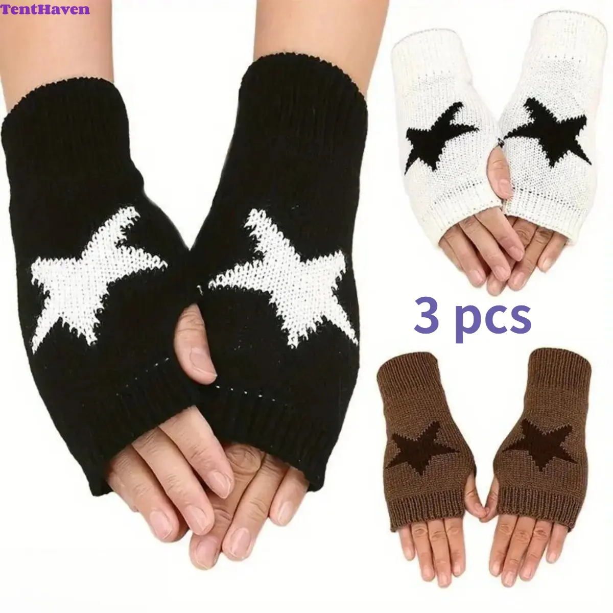 Unisex 3-Pair Star Knit Cotton Blend Fingerless Gloves, Soft Cozy Warm Half-Finger Hand Warmers, Minimalist Geometric Winter Outdoor Wear Accessory for Daily Travel