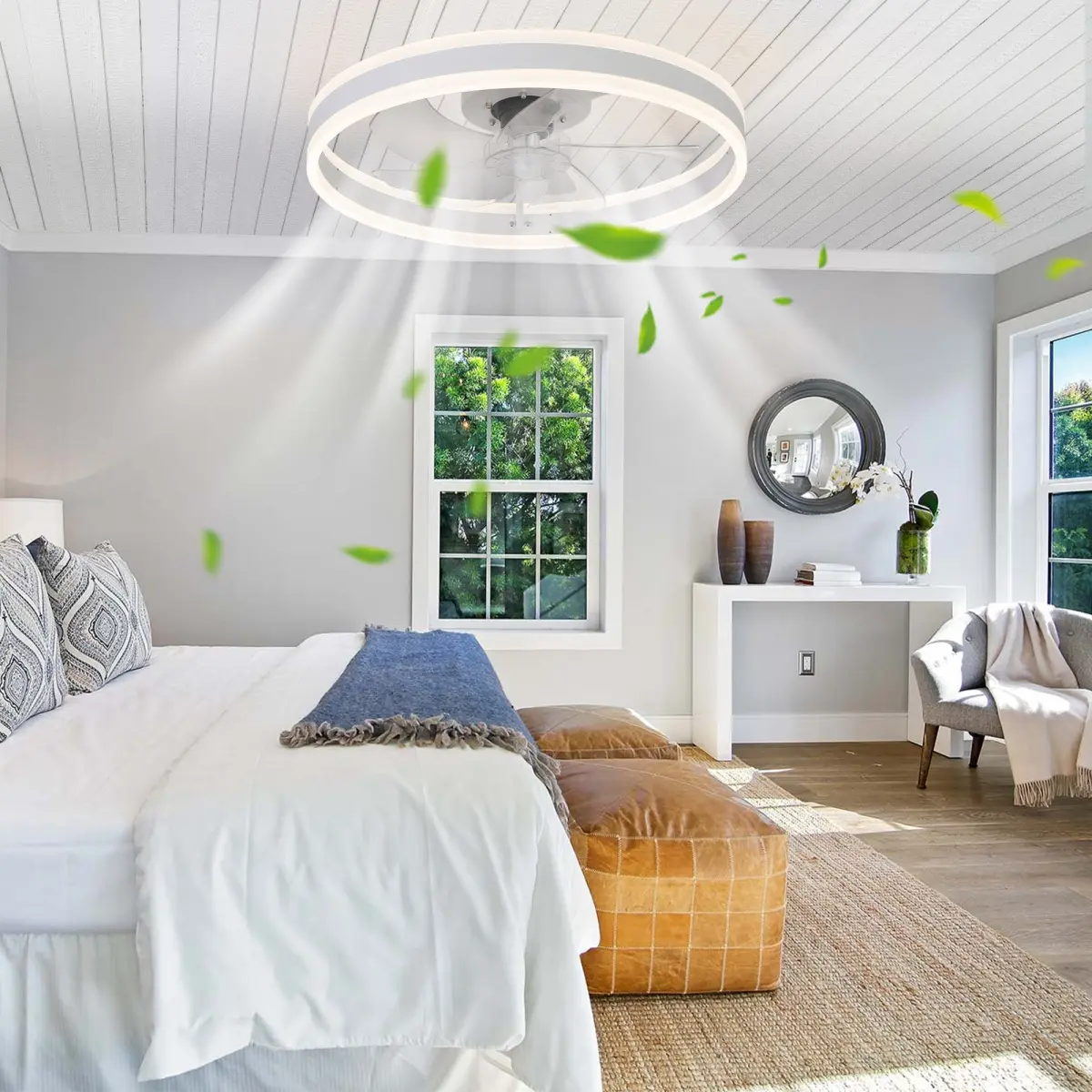 Aobtkel 20 Inch Low Profile Ceiling Fan with Light and Remote, Flush Mount Bladeless Ceiling Fan, 3000K-6000K Dimmable LED Fandelier, 6 Speed Quiet Reversible DC Motor, APP Control, Timer for Bedroom, Living Room, Kitchen, White