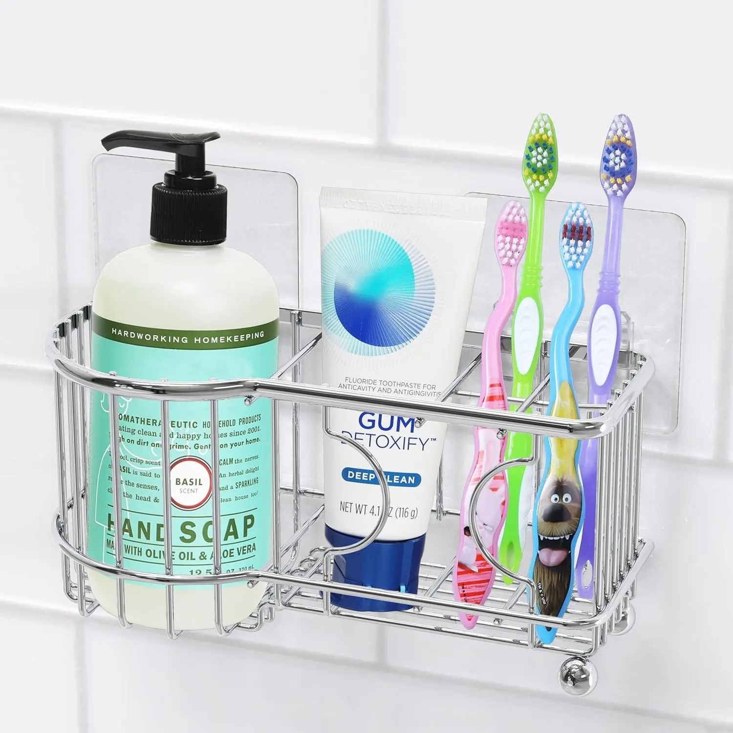 Stainless Steel 6 Slots Toothbrush Holder Adhesive Wall Organizer, Chrome