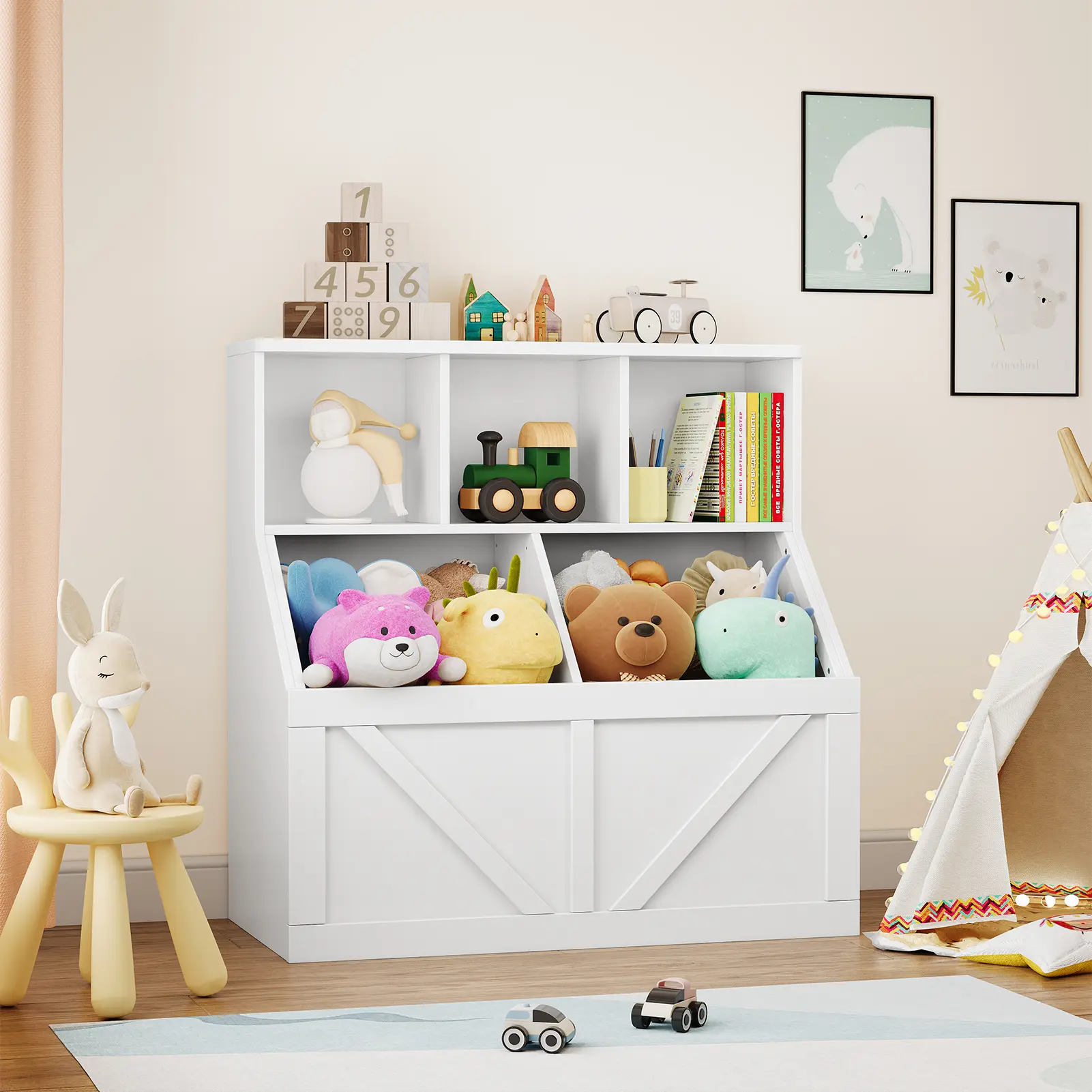 Multi Functional Kids Toy & Book Storage Cabinet - Vintage Sturdy Single Unit Indoor Cupboard, Modern Organizer for Toddler Bedroom, 46.61 lbs, 16.54"d x 35.43"w x 36.02"h (Gray, White)