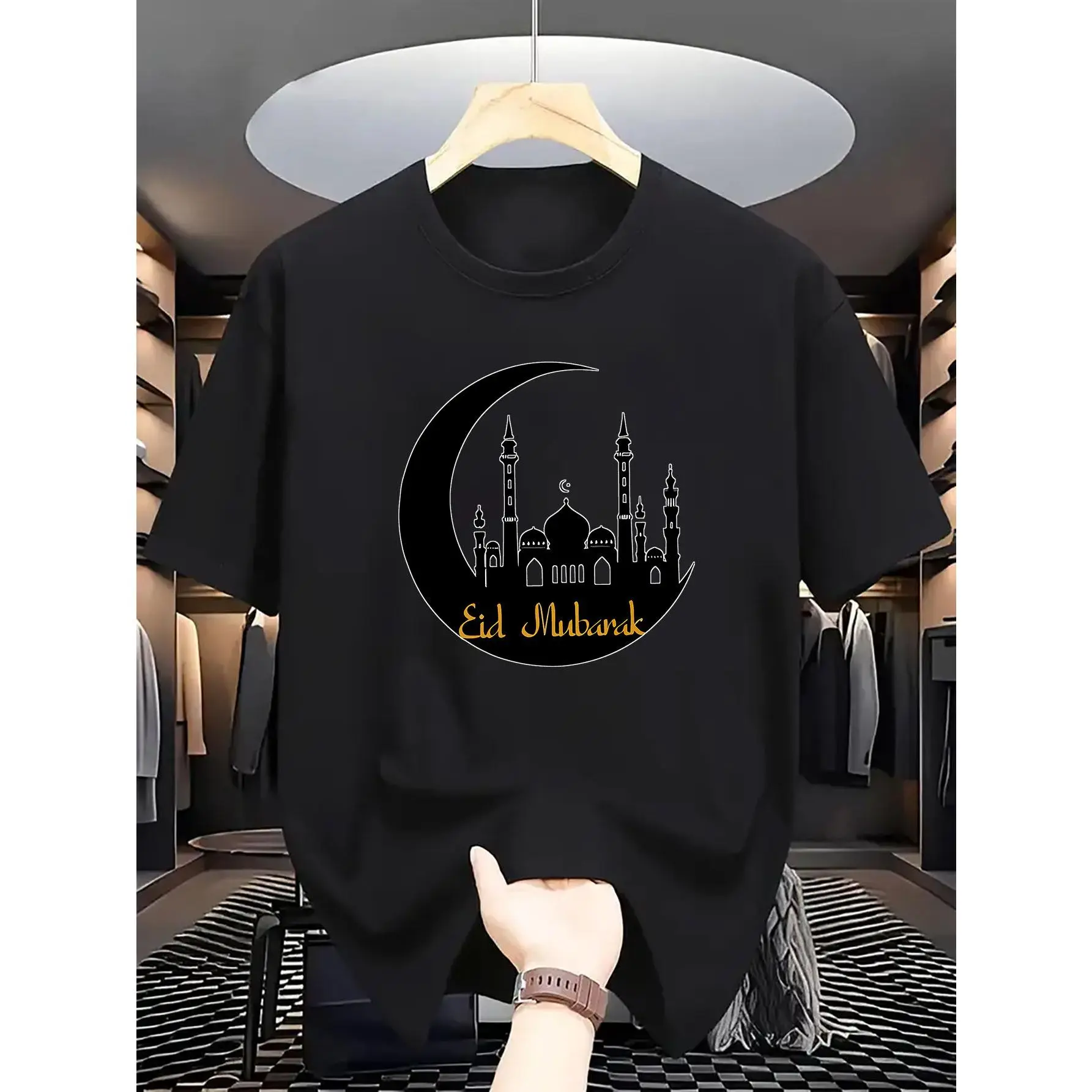 Men'S Ramadan-Themed T-Shirt - Round Neck, Featuring Islamic Architectural Design, Breathable, Casual Short Sleeves, Suitable for Outdoor Activities, Comfortable Men'S T-Shirt