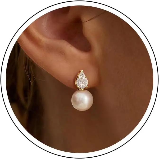 Pearl Earrings for Women Trendy Dainty Wedding Earring 14K Gold Plated/Silver Plated Drop Dangle Pearl Earrings Studs Hypoallergenic CZ Diamond Wedding Earrings for Brides Prom Gift