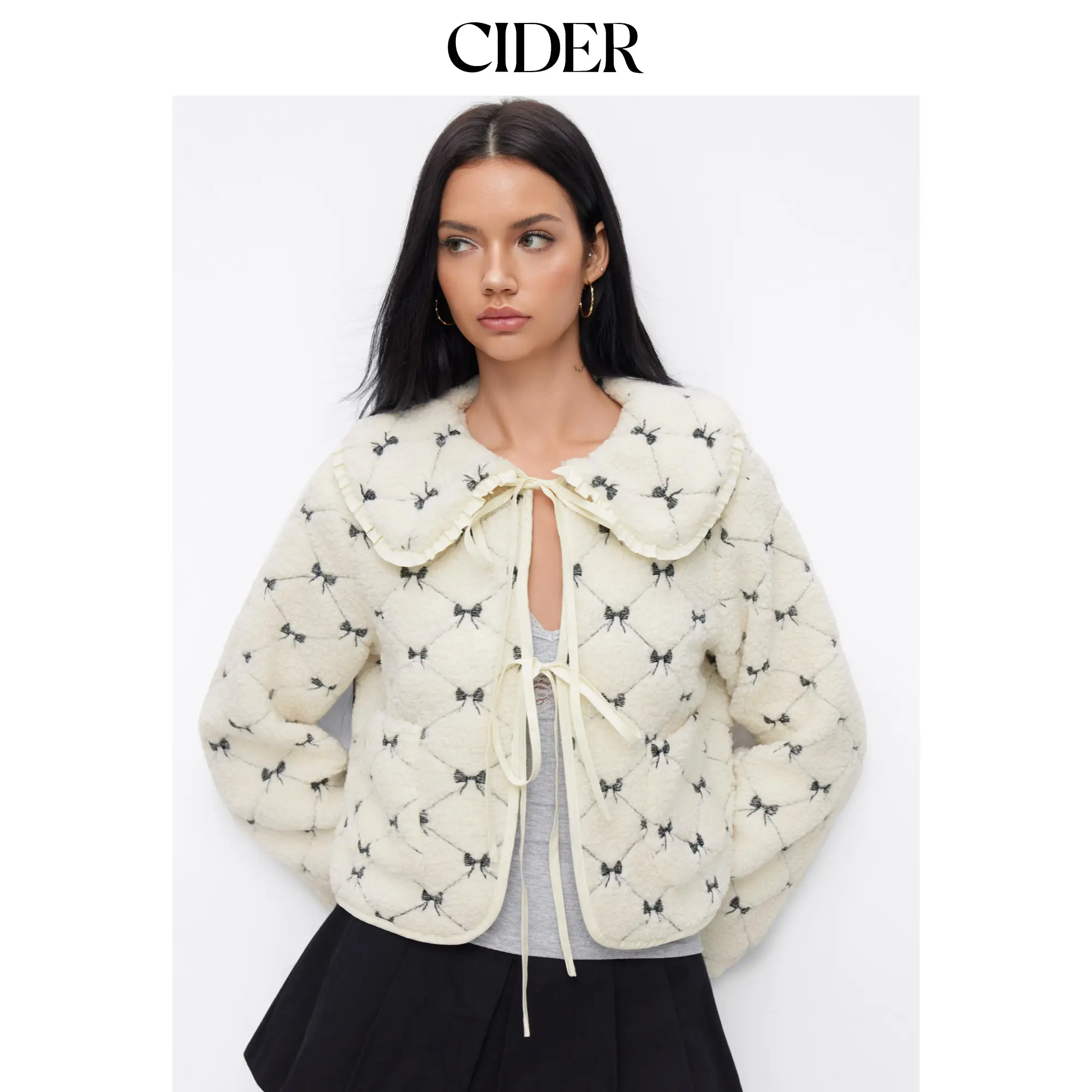 Cider Fleece Peter Pan Collar Bowknot Embroidery Tie Front Oversized Jacket SummerFinds
