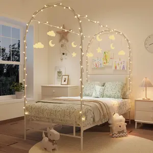 Kids Canopy Upholstered Twin Bed Frame w/ Headboard & Footboard & Arched Mosquito Net Poles – Sturdy Metal Slats – No Box Spring Needed – Easy Assembly