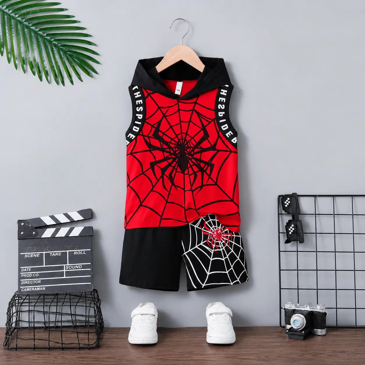 （Check The Size Chart.）Kids Red & Black Spiderweb Hooded Tank Top and Shorts Set, Lightweight Summer Casual Sports Outfit for Boys