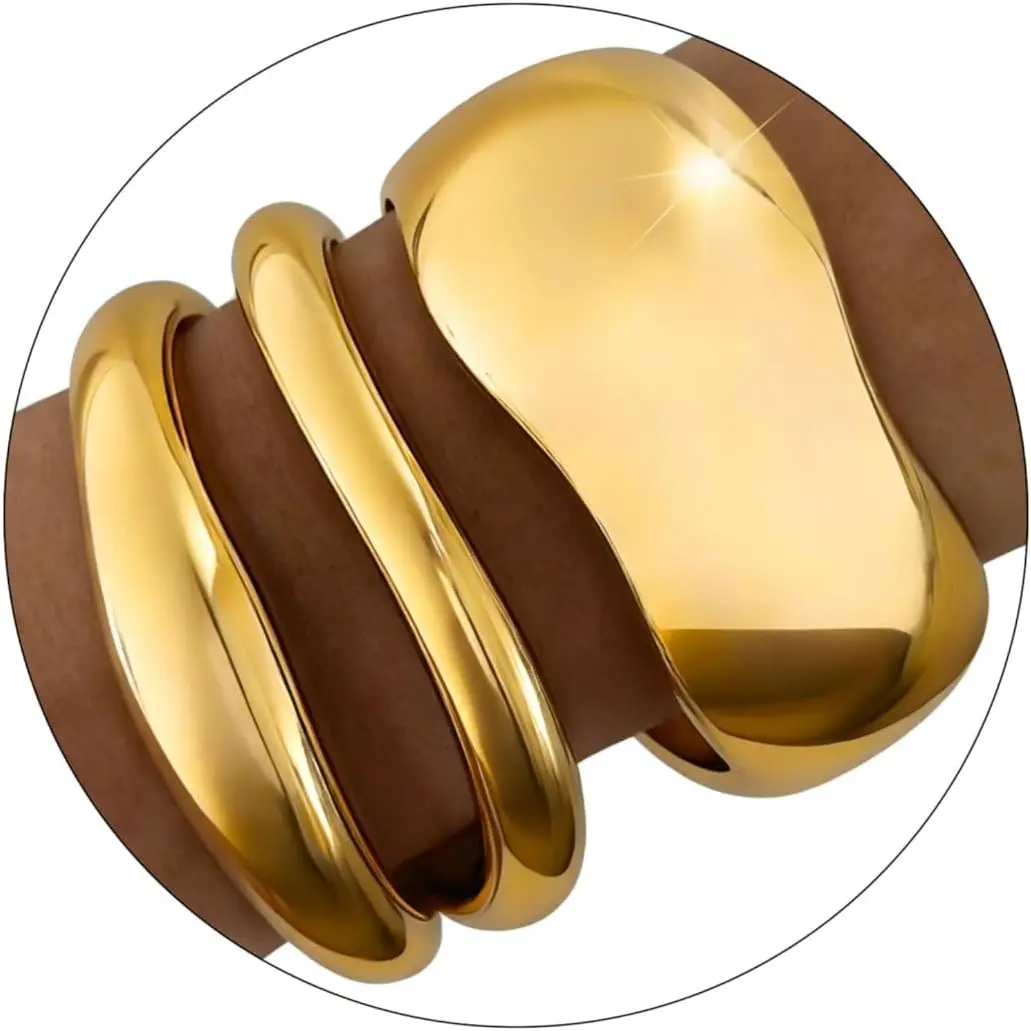 Women's 3-Pcs Chunky Gold Bangles Set - Spring Hinged, Stackable, Cuff Fit, Solid Colors, All Seasons Trendy Fashion Jewelry Gifts, Chunky Bangles